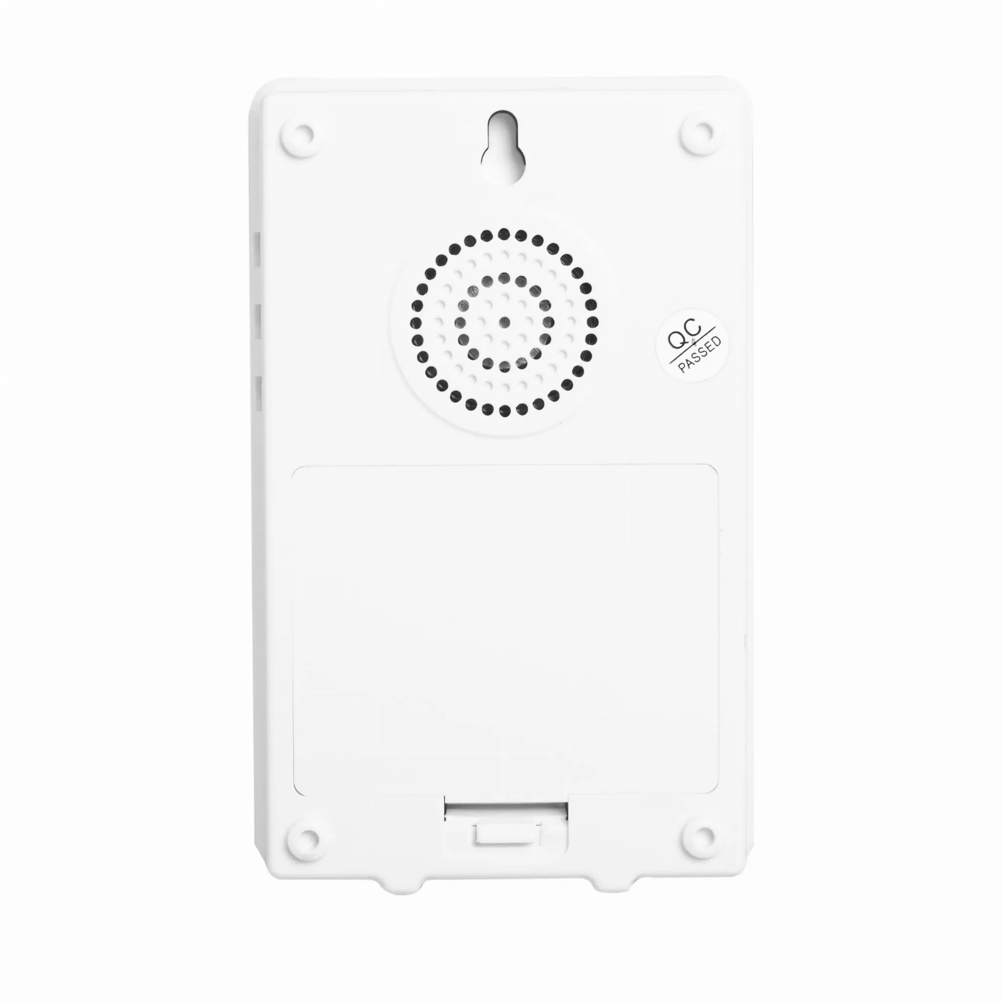 Tył białego urządzenia z głośnikiem i naklejką QC Passed.