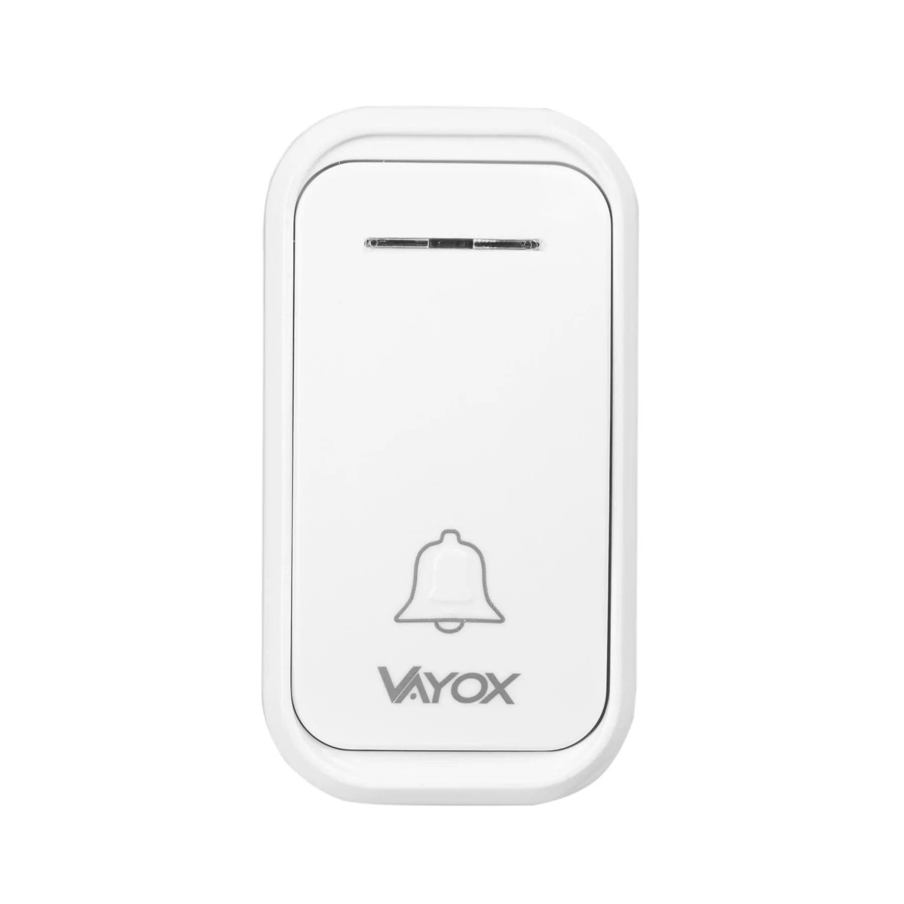 Biały przycisk dzwonka do drzwi z ikoną dzwonka i logo 'VAYOX'.
