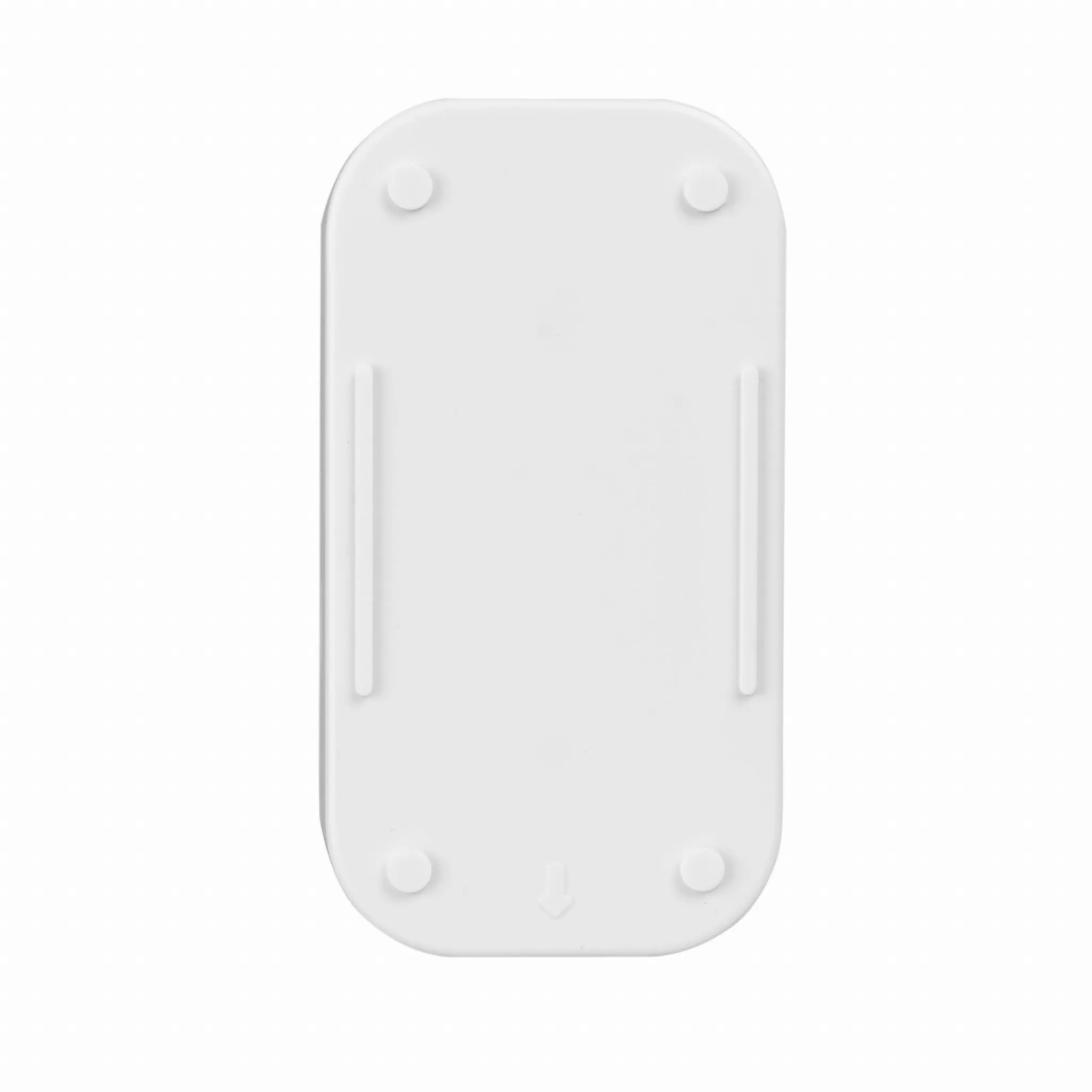 Biała prostokątna podstawa z zaokrąglonymi rogami, czterema gumowymi nóżkami i dwiema pionowymi szynami.