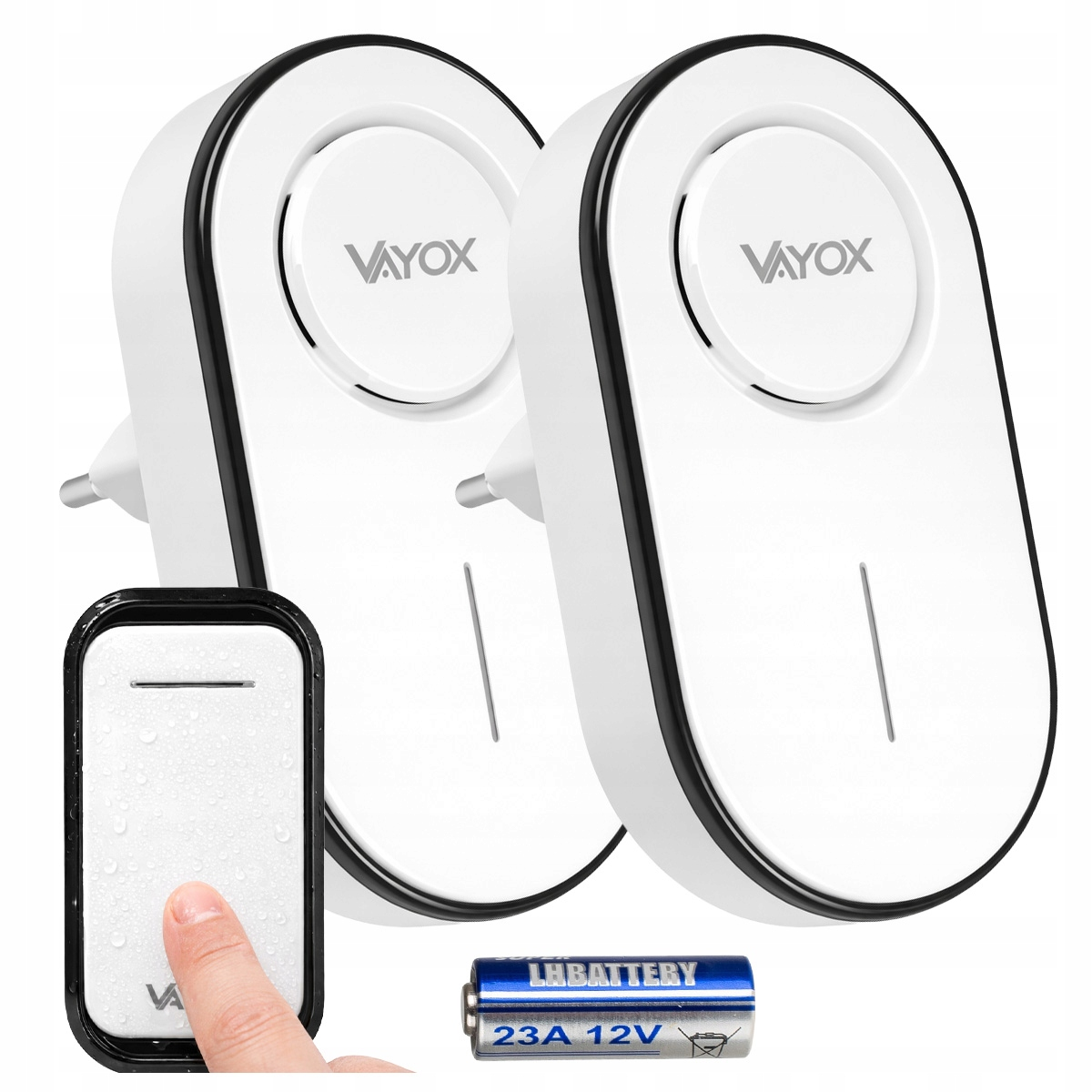 Dwa białe odbiorniki dzwonka Vayox z czarną ramką i dzwonek z palcem.