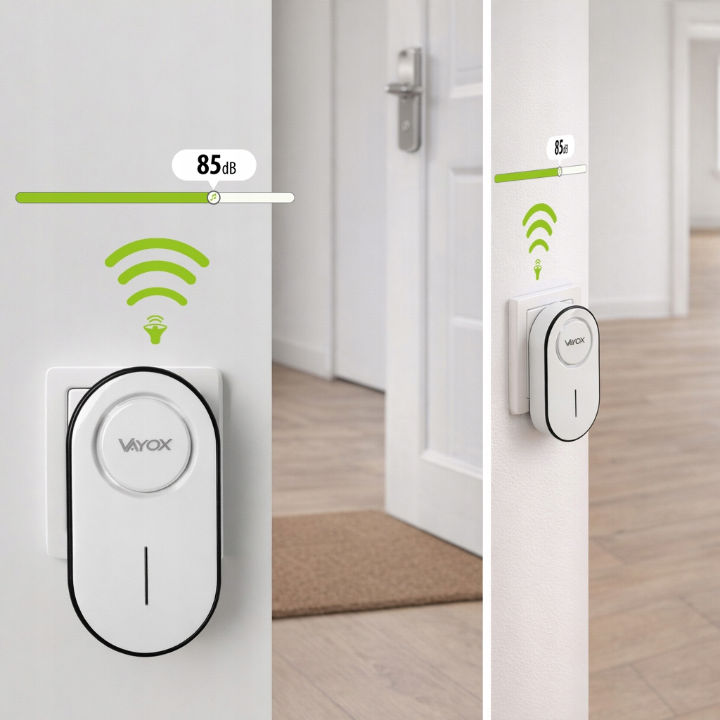 Biały dzwonek Vayox z ikoną głośnika i falami dźwiękowymi.