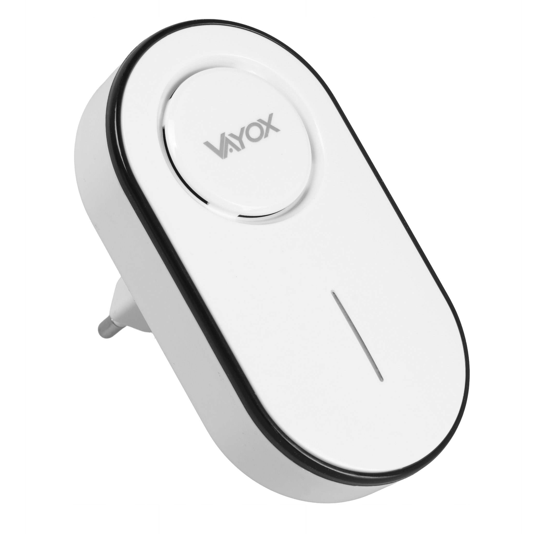 Biała wtyczka z czarną ramką i logo Vayox.