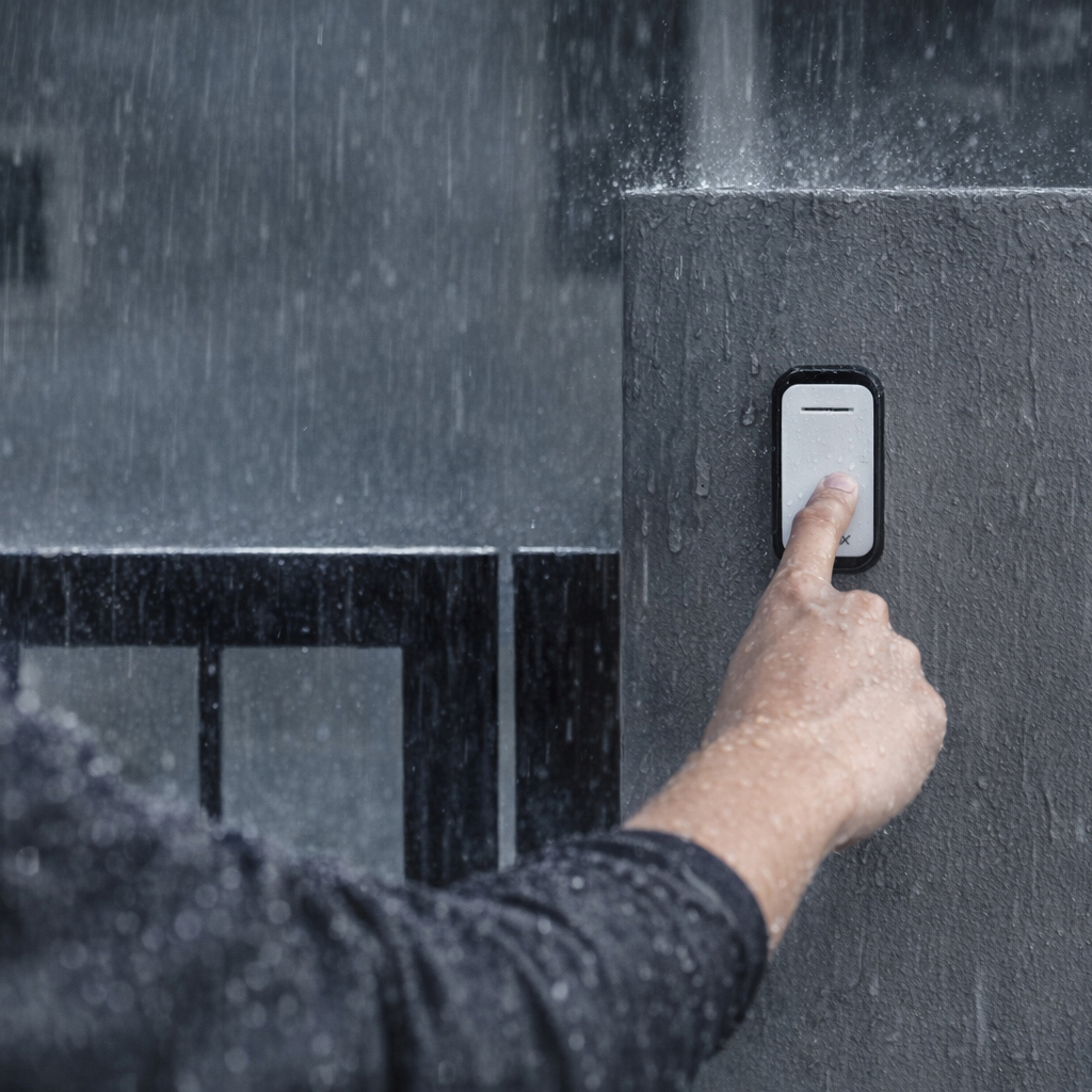 Palec naciska biały dzwonek na szarej ścianie w deszczu.