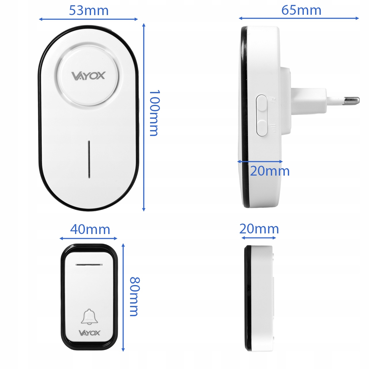 Biały dzwonek i wtyczka z wymiarami. Góra: 53x100mm. Prawo: 65x20mm. Dół: 40x80mm.
