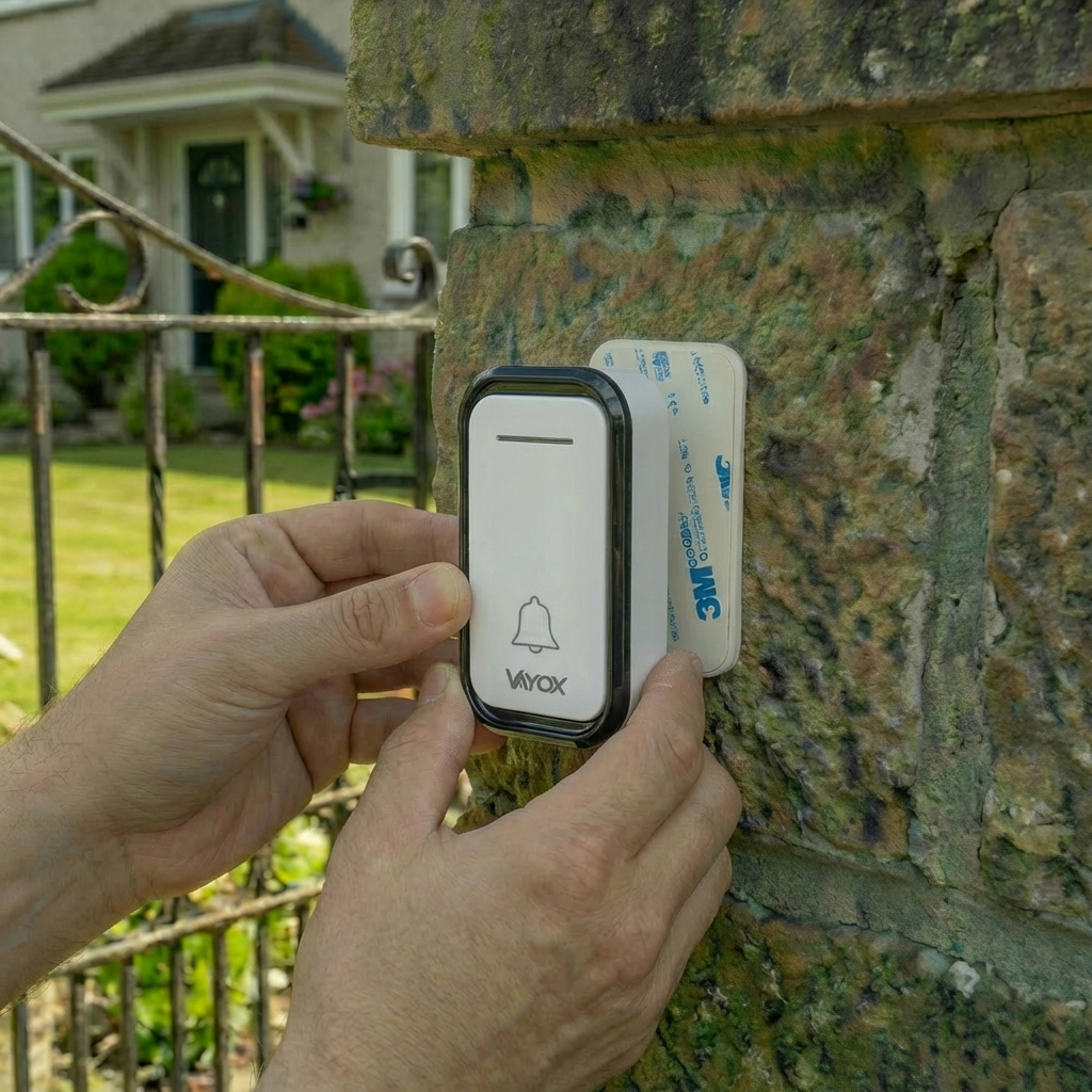 Ręce przyczepiają biały dzwonek z ikoną dzwonka do kamiennego słupka. Widoczny dom.