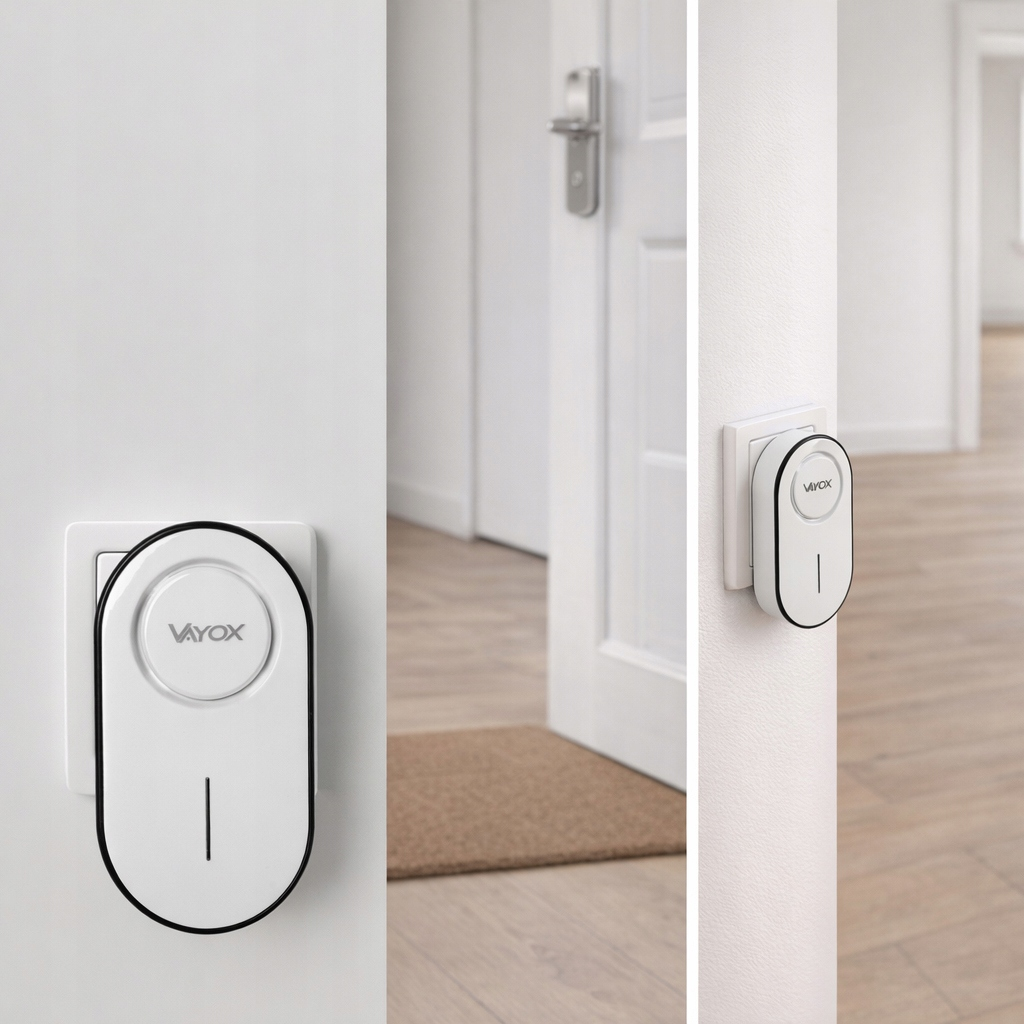 Biały dzwonek Vayox z czarną ramką, podłączony do gniazdka.