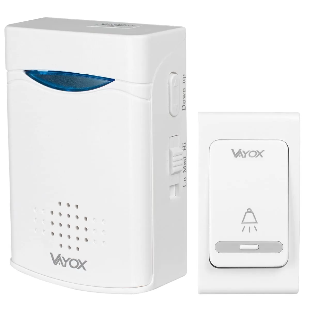 Biały bezprzewodowy nadajnik i odbiornik dzwonka z regulacją głośności.