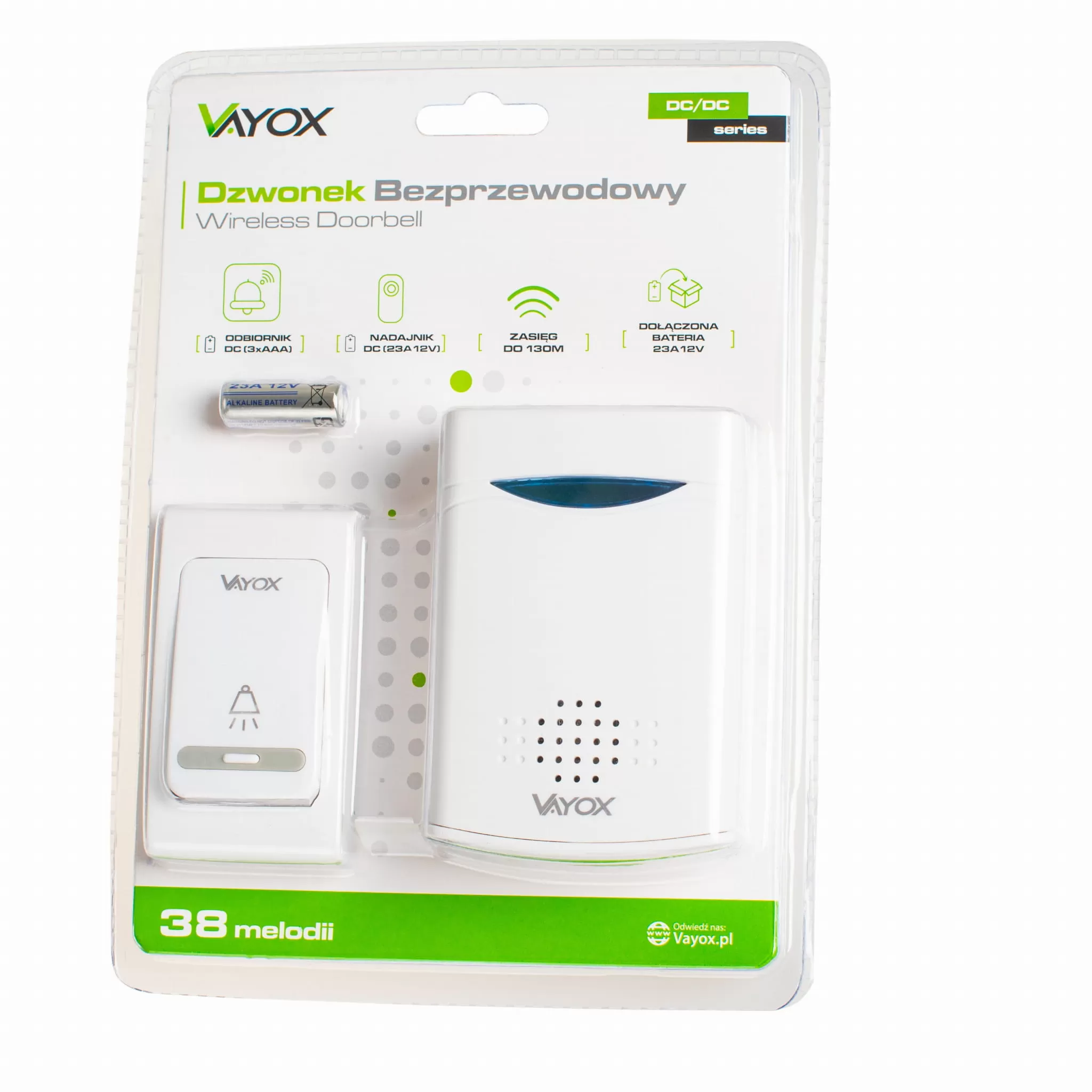 Zestaw dzwonka bezprzewodowego Vayox z nadajnikiem, odbiornikiem, baterią, 38 melodiami.