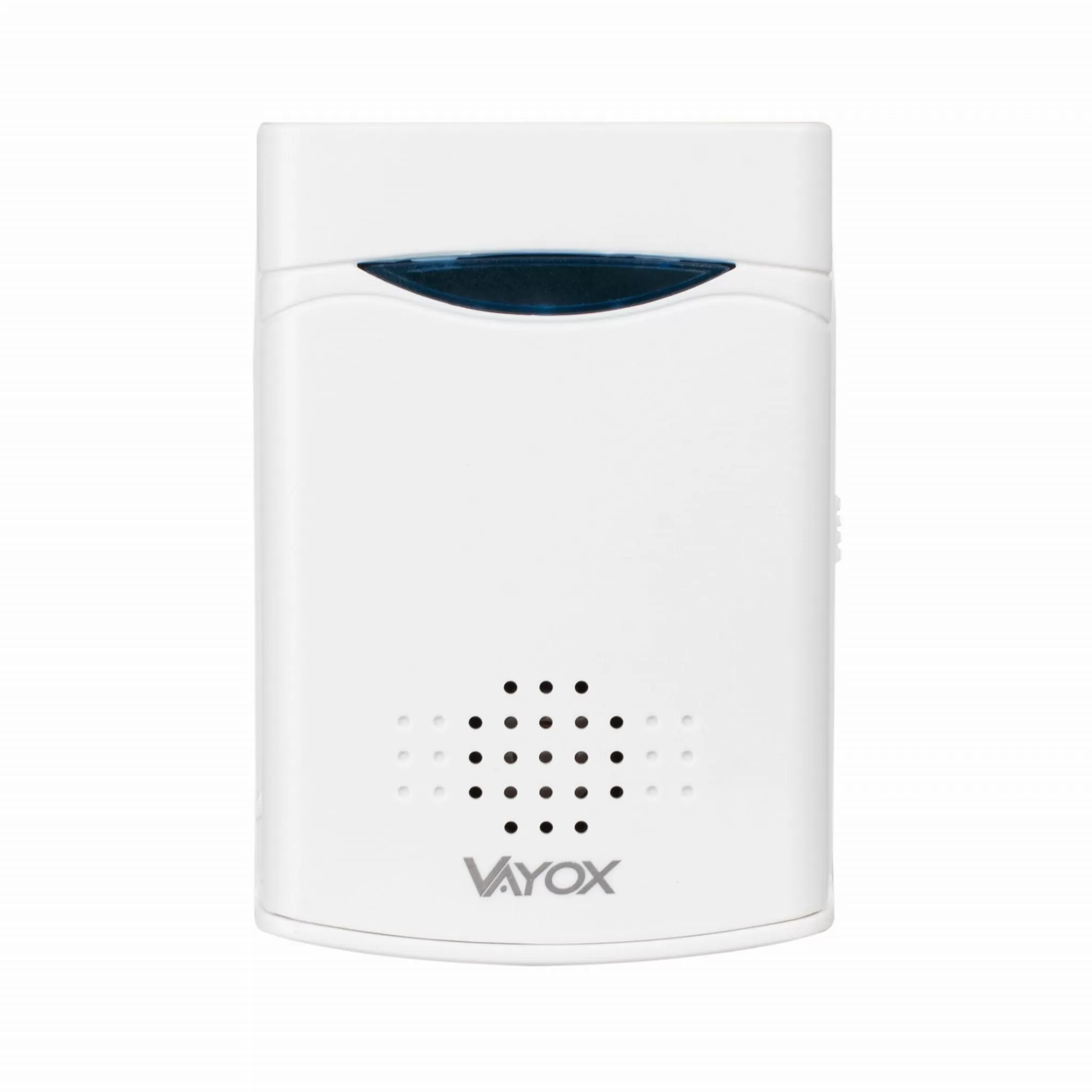 Białe urządzenie elektroniczne z maskownicą głośnika i niebieskim paskiem świetlnym.