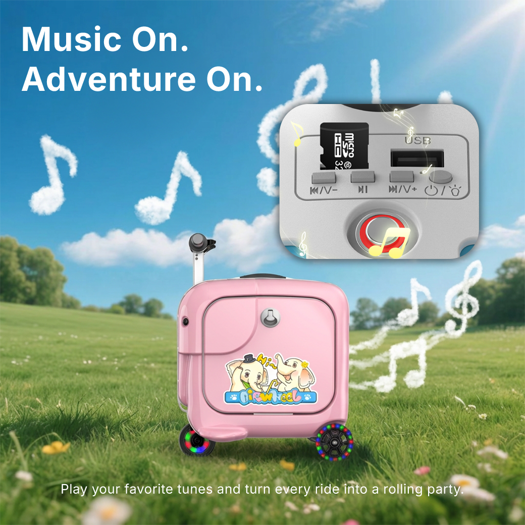 Ein rosa Koffer mit Musikplayer und Wolken in Notenform am Himmel.