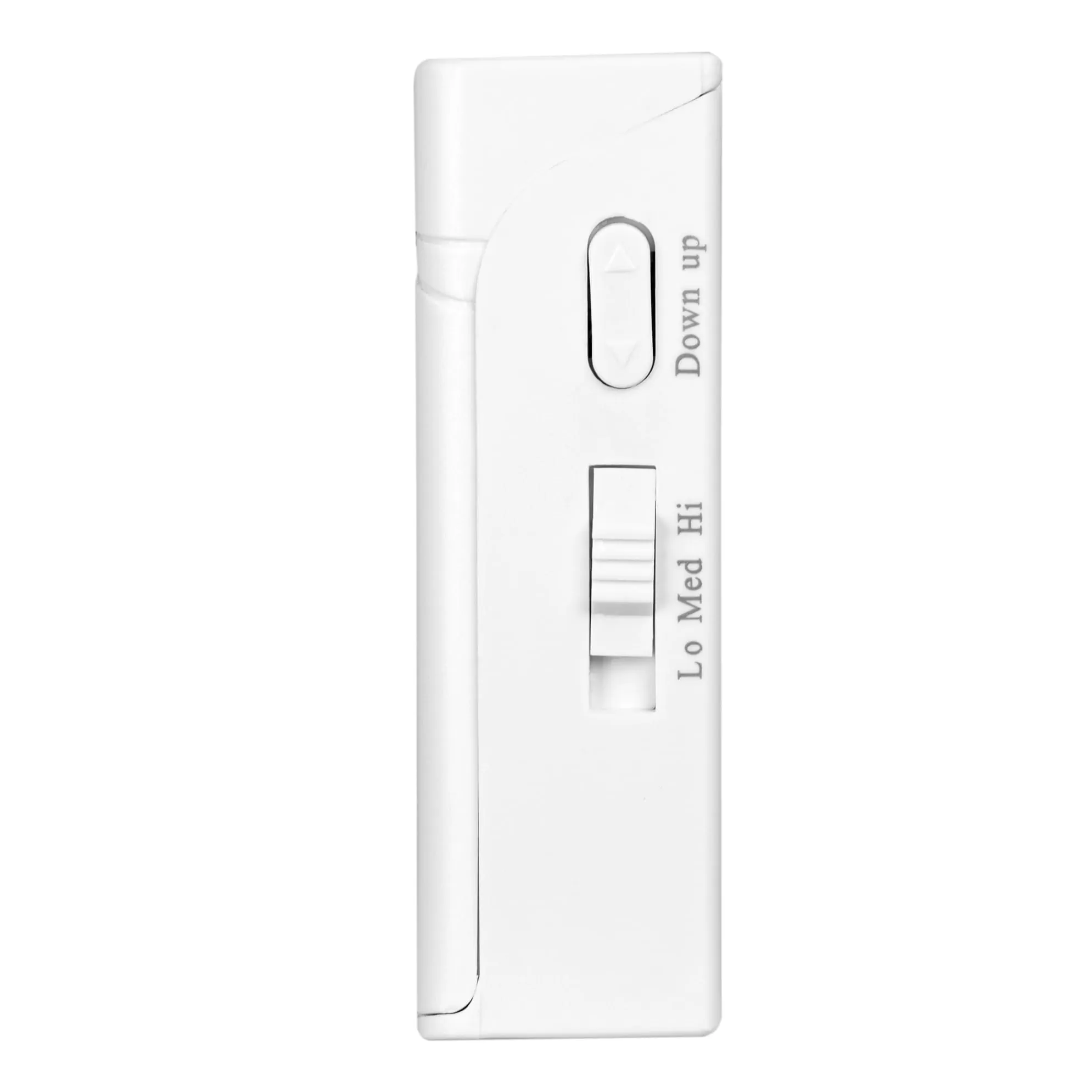 Białe urządzenie z suwakiem i przyciskami do regulacji głośności i ustawień.