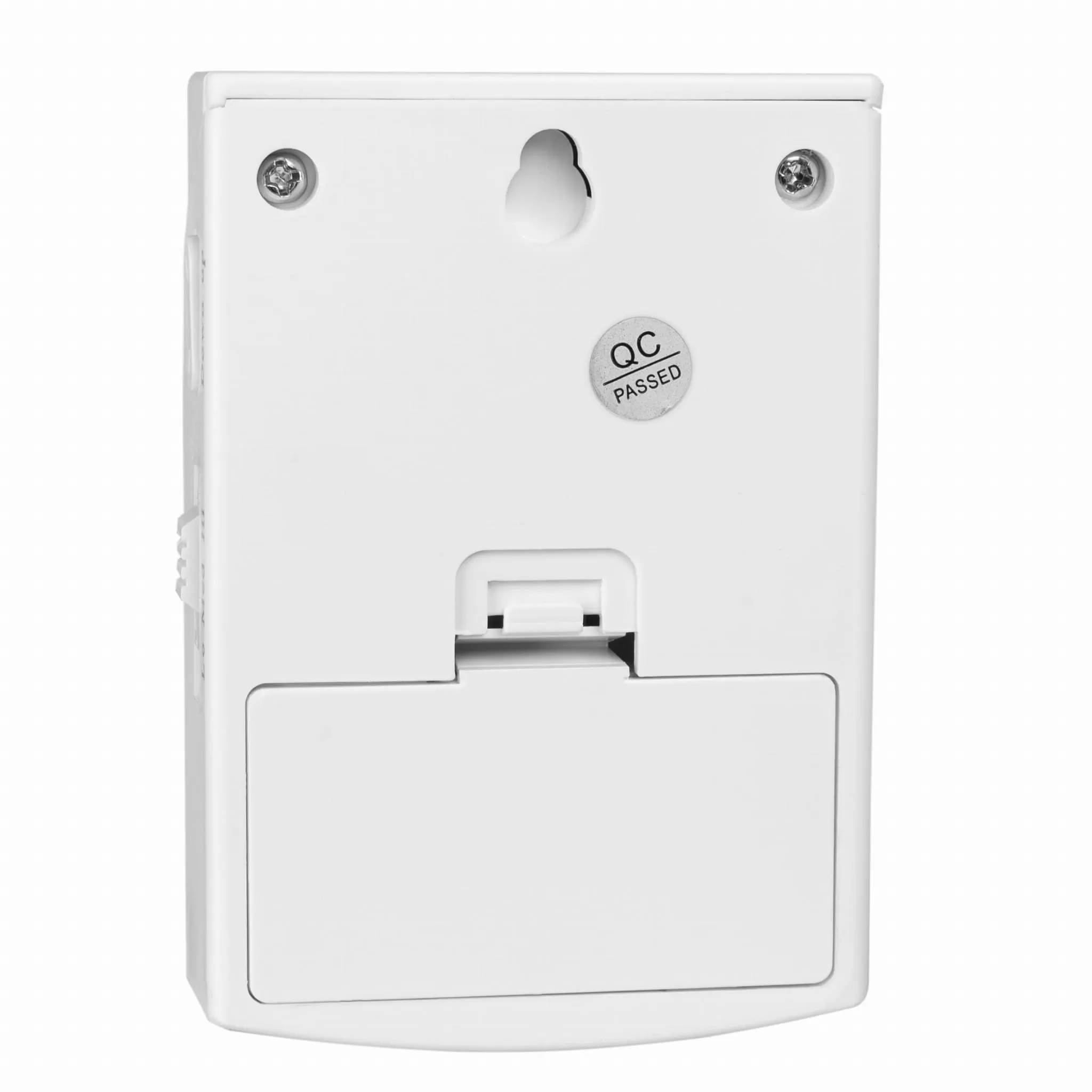 Biały tył urządzenia z naklejką QC Passed i komorą baterii.