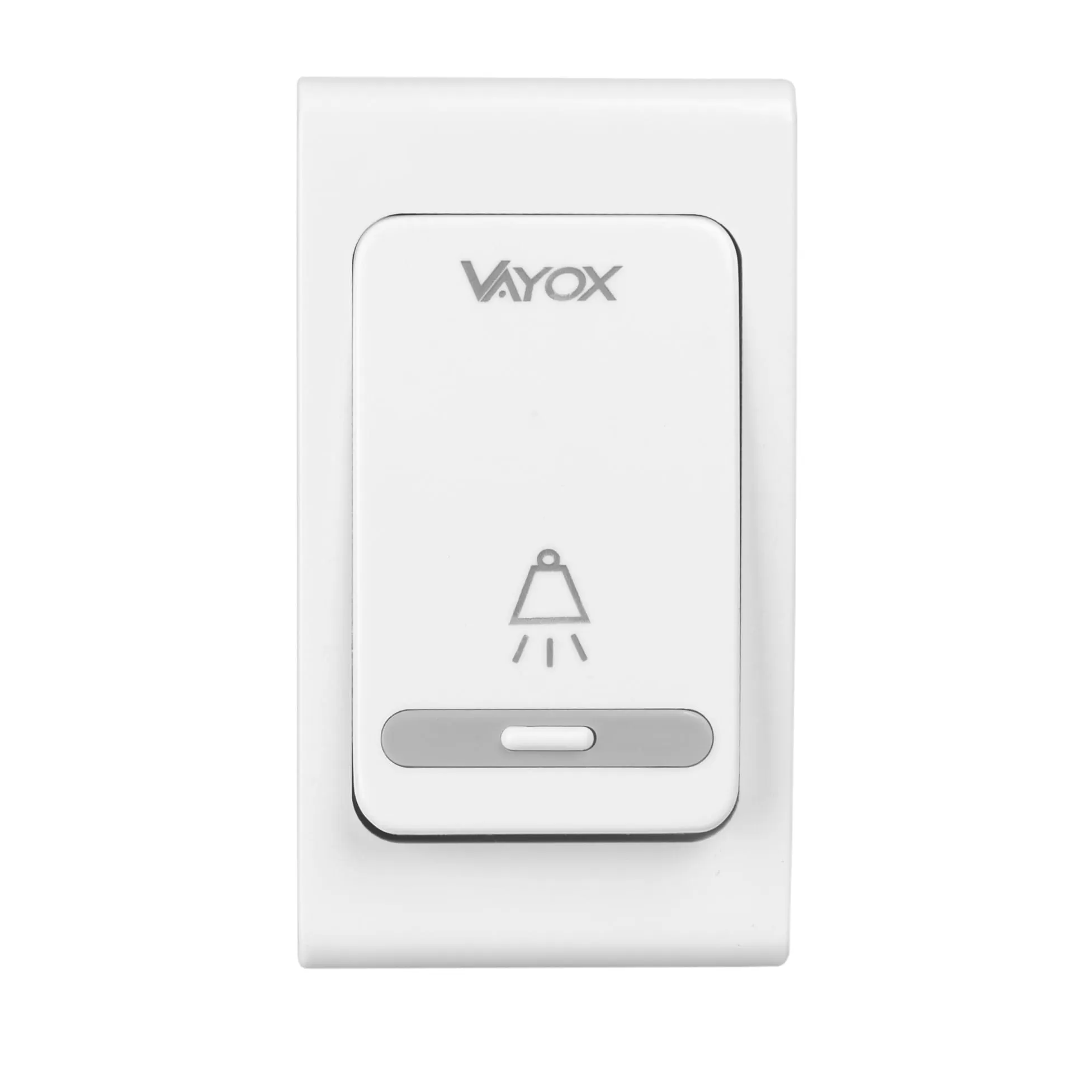 Biały przycisk dzwonka Vayox z logo i ikoną dzwonka.