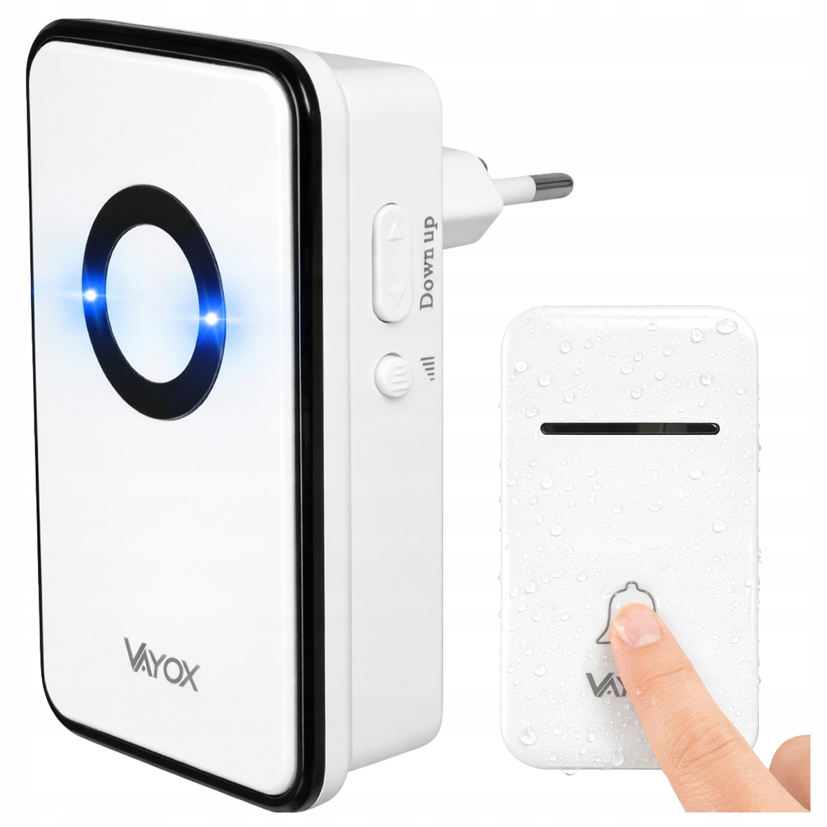 Biała bezprzewodowa jednostka dzwonka z niebieskim światłem i biały odbiornik z kroplami wody.