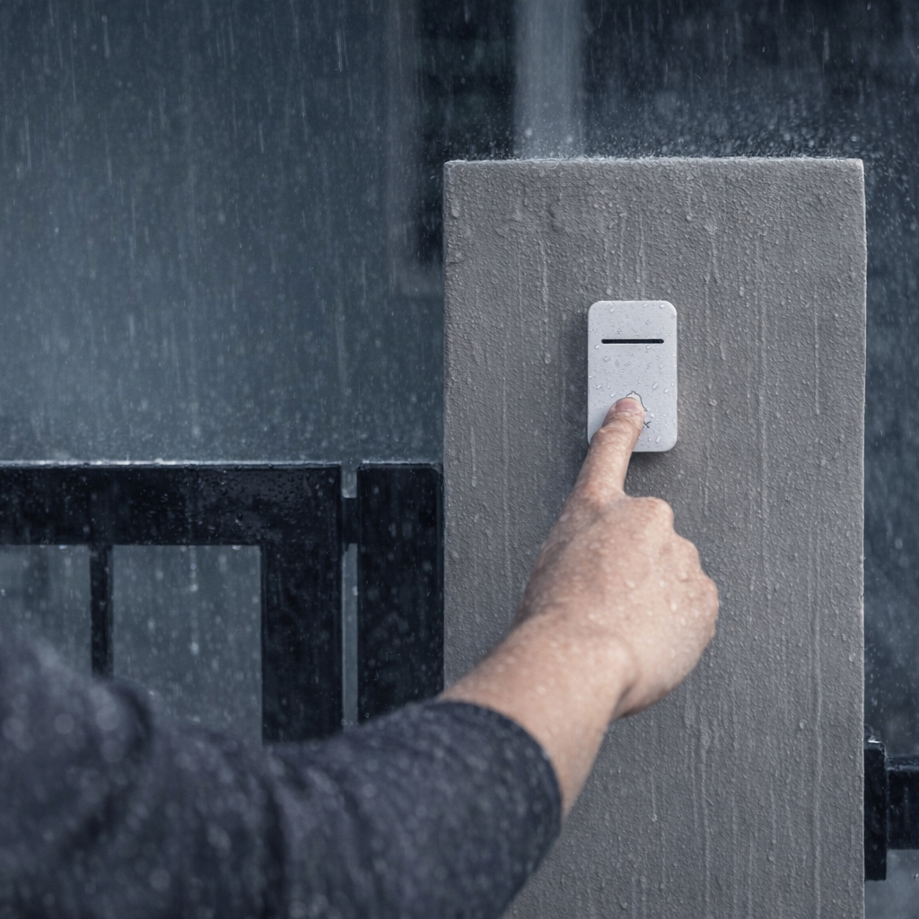 Palec naciska dzwonek na słupku w deszczu.