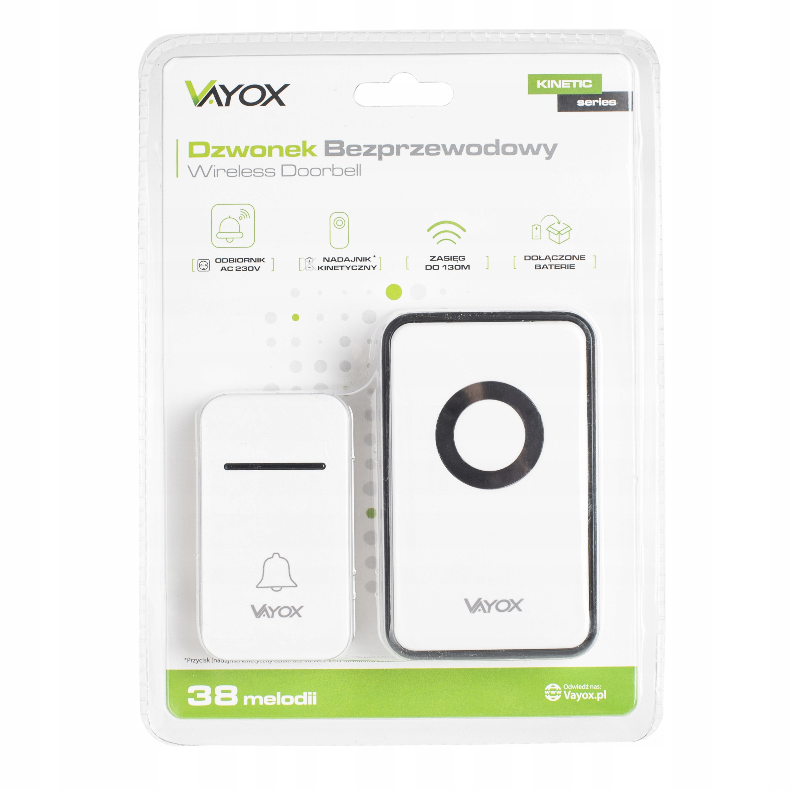 Opakowanie bezprzewodowego dzwonka do drzwi z nadajnikiem i odbiornikiem.