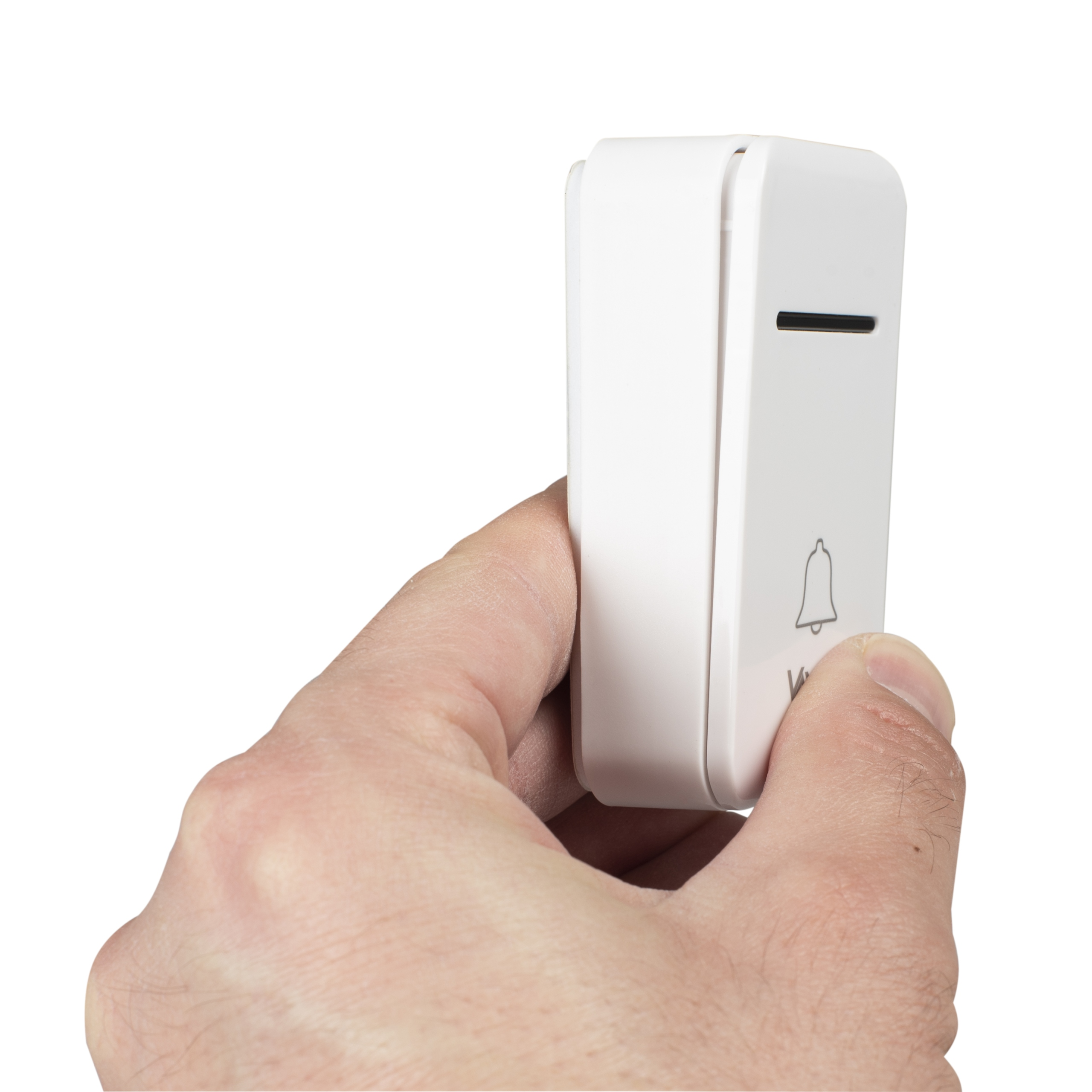 Ręka trzyma biały dzwonek do drzwi z ikoną dzwonka.