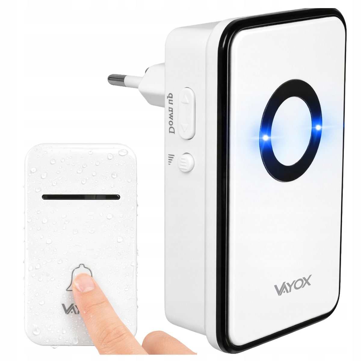 Biały nadajnik dzwonka z kroplami i odbiornik ze światłem niebieskim.