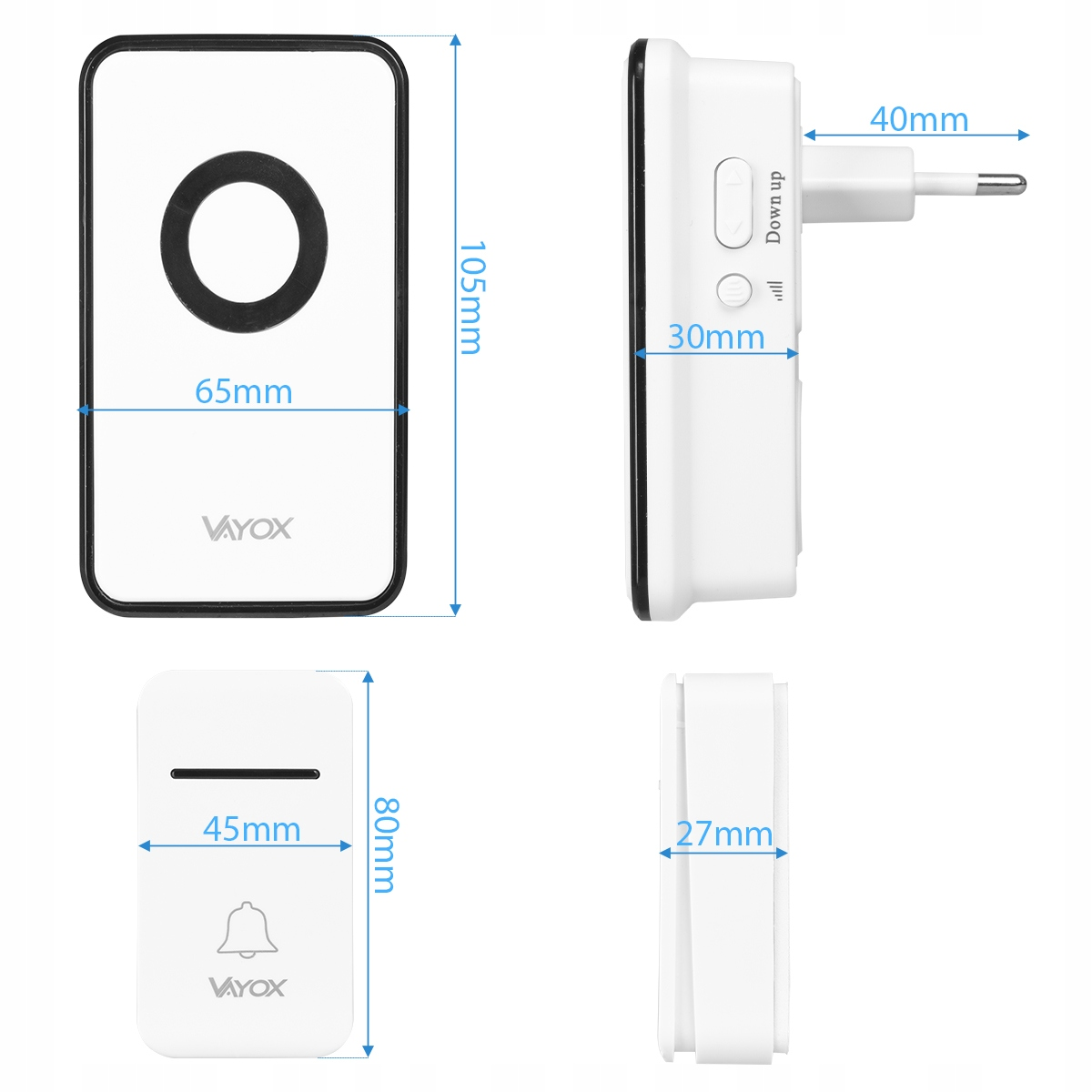 Białe elementy dzwonka do drzwi z wymiarami. Jeden pokazuje okrąg, drugi dzwonek.