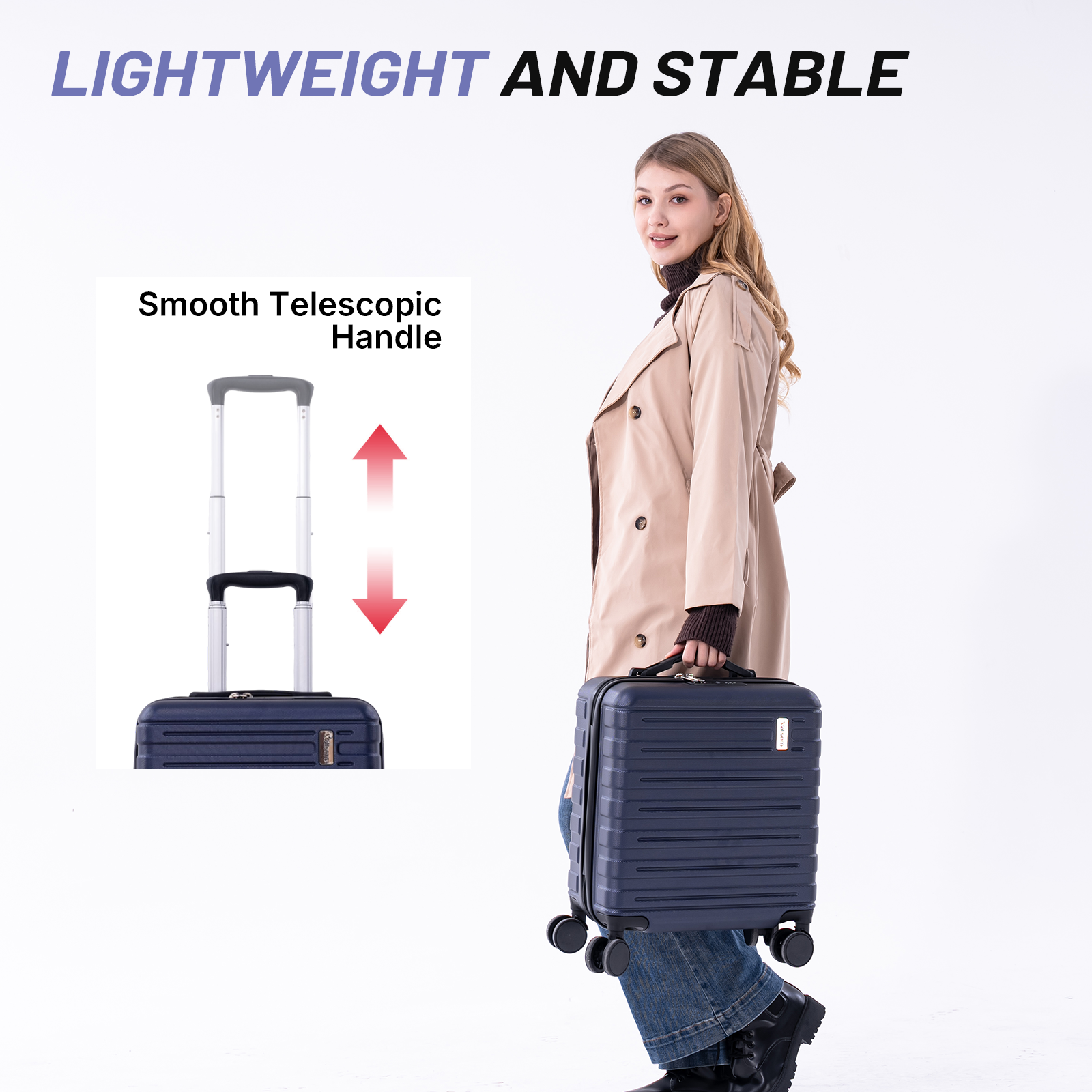 A woman in a beige trench coat carries a dark blue suitcase.