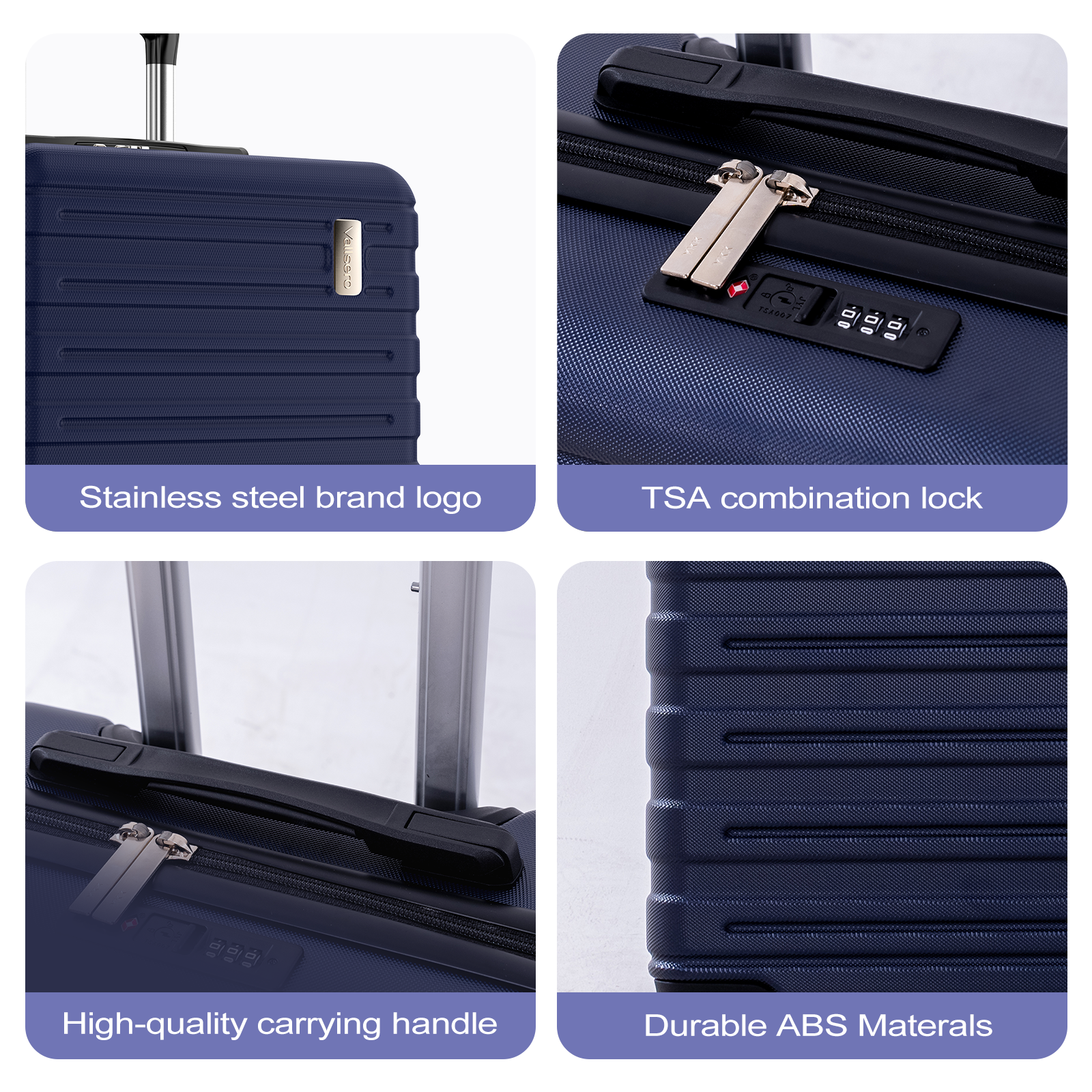 Dark blue suitcase details: logo, TSA lock, handle, textured surface.