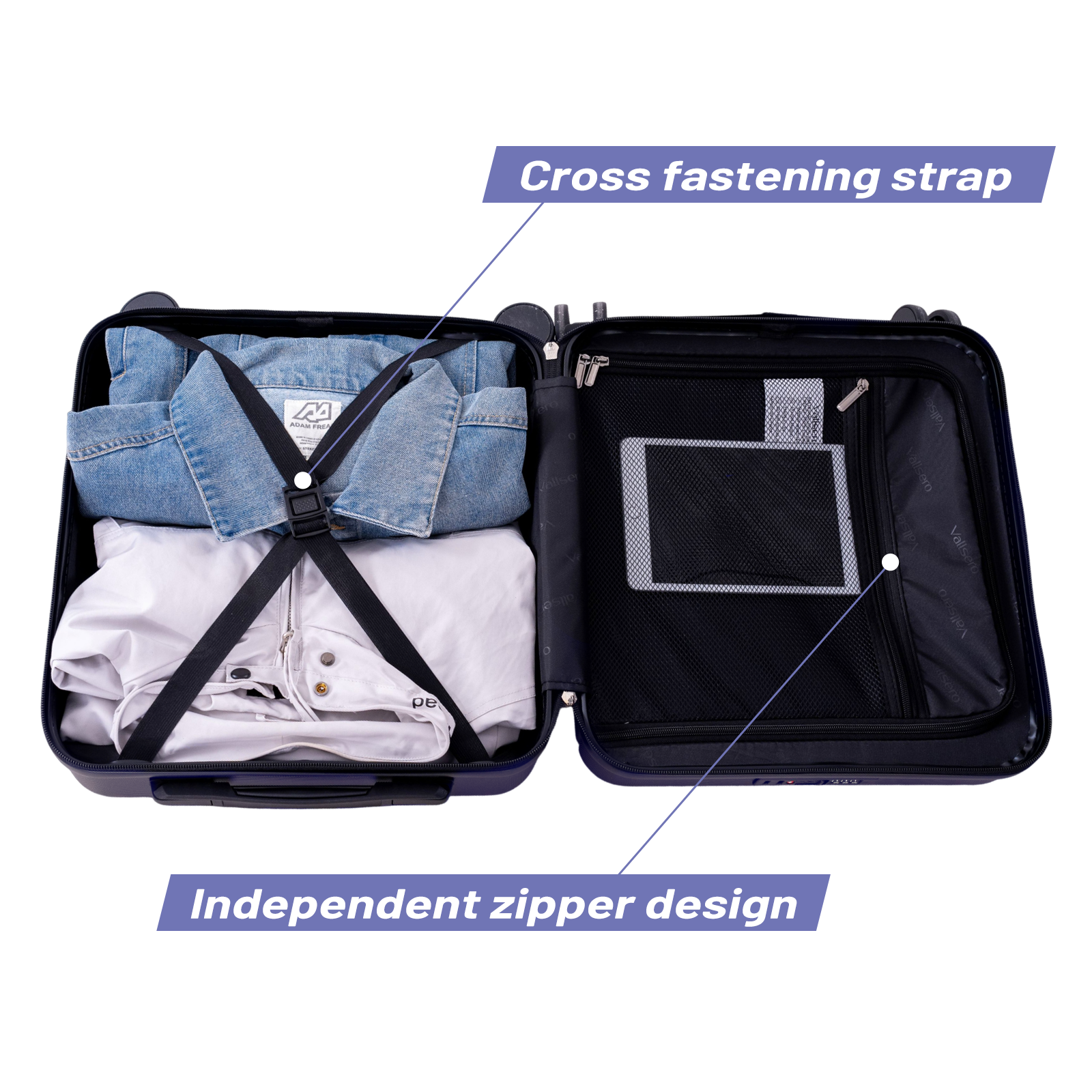 Open suitcase with clothes and a tablet in a mesh pocket.