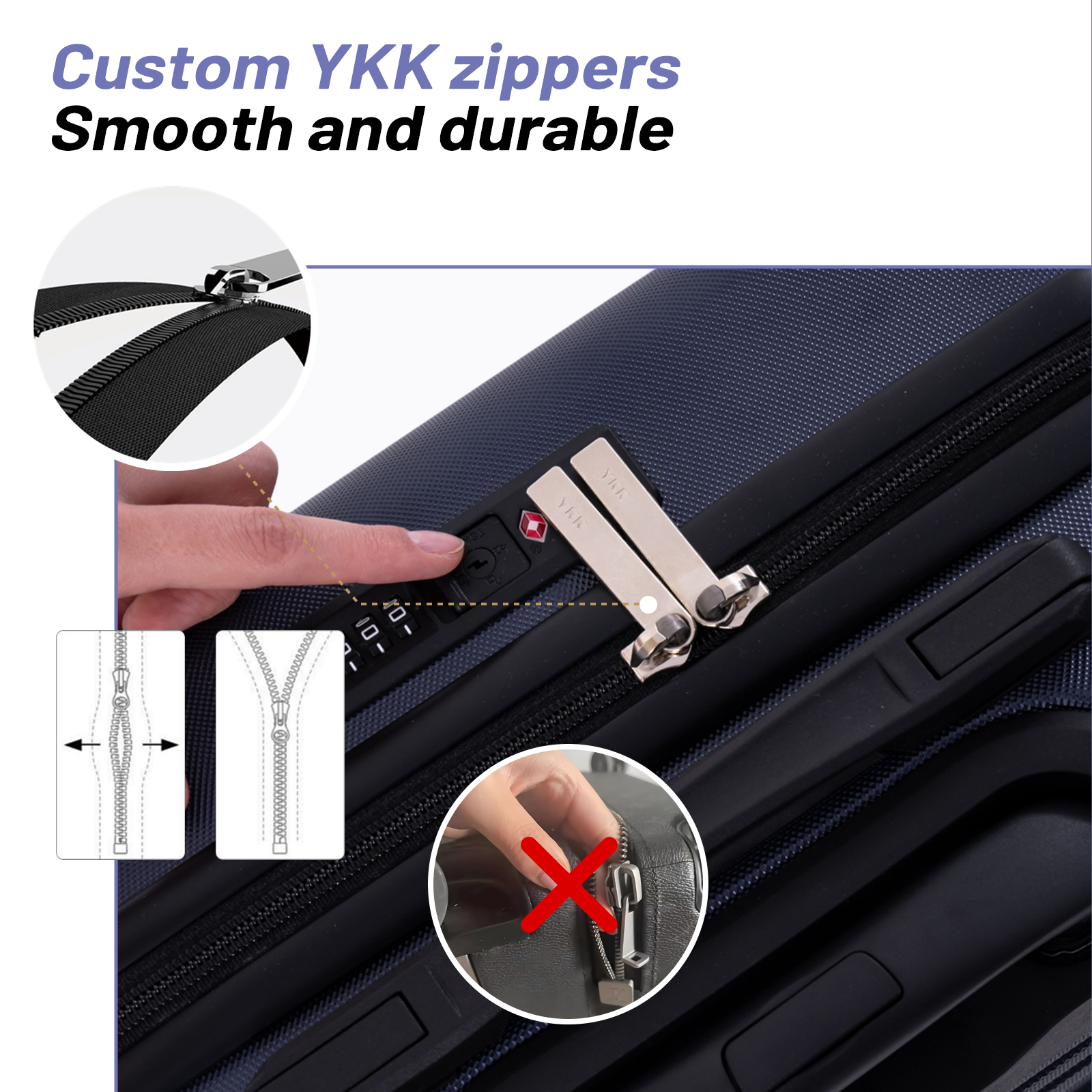 Close-up of a suitcase featuring YKK zippers, a TSA lock, and a finger operating it.