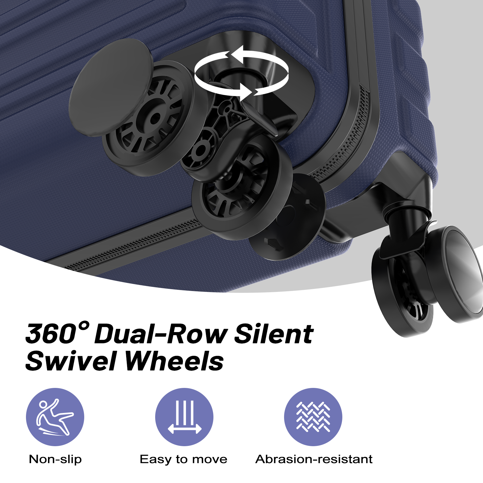 Blue luggage with 360 dual-row silent swivel wheels.