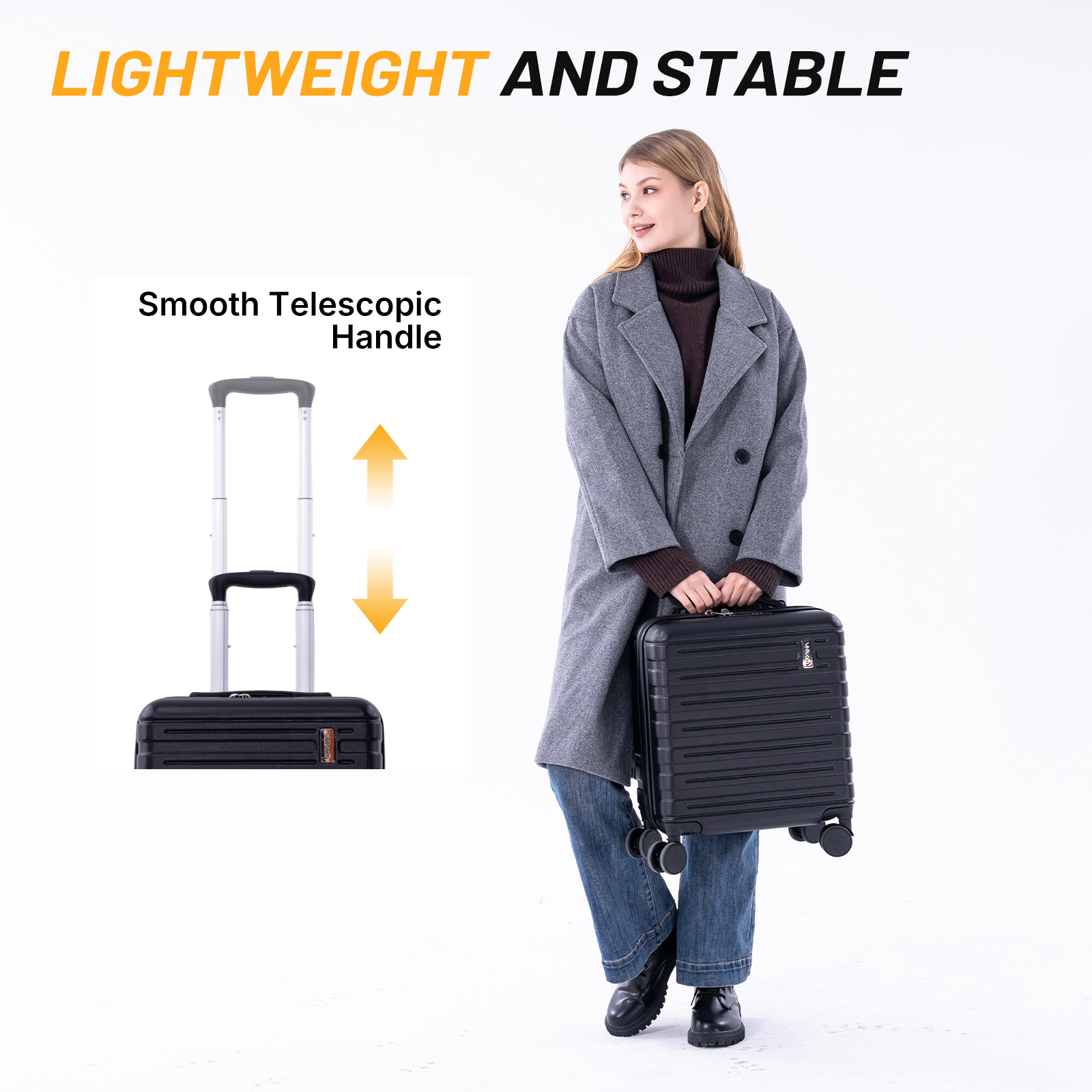 A woman in a grey coat holds a black suitcase. The handle is telescopic.