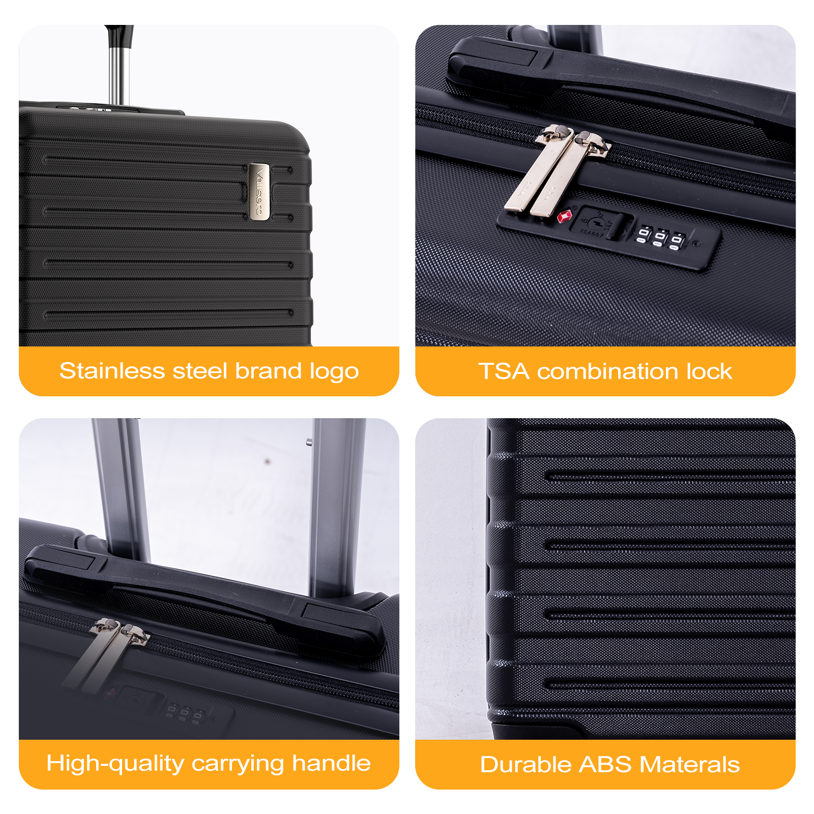 Black suitcase with silver logo, TSA lock, handle, and ABS material.