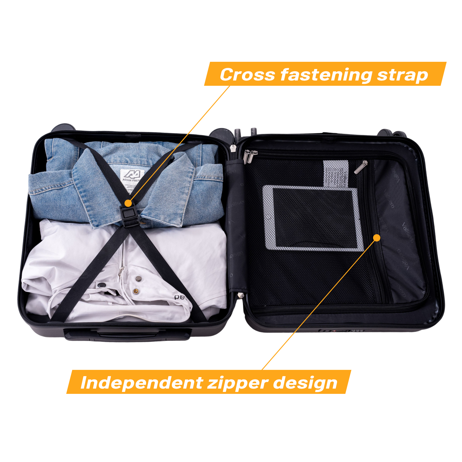 Open suitcase with clothes and tablet, cross strap, and zippered compartment.