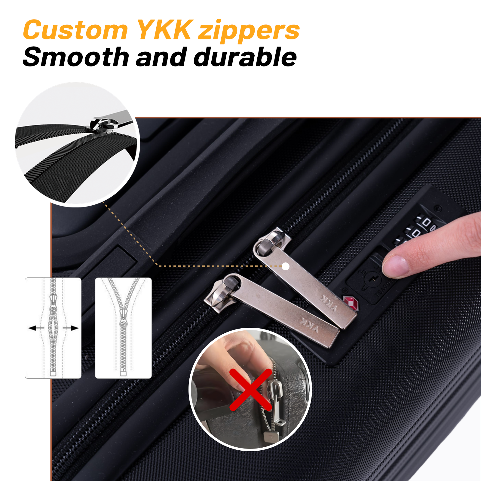 Close-up of a black suitcase featuring YKK zippers and a TSA lock.