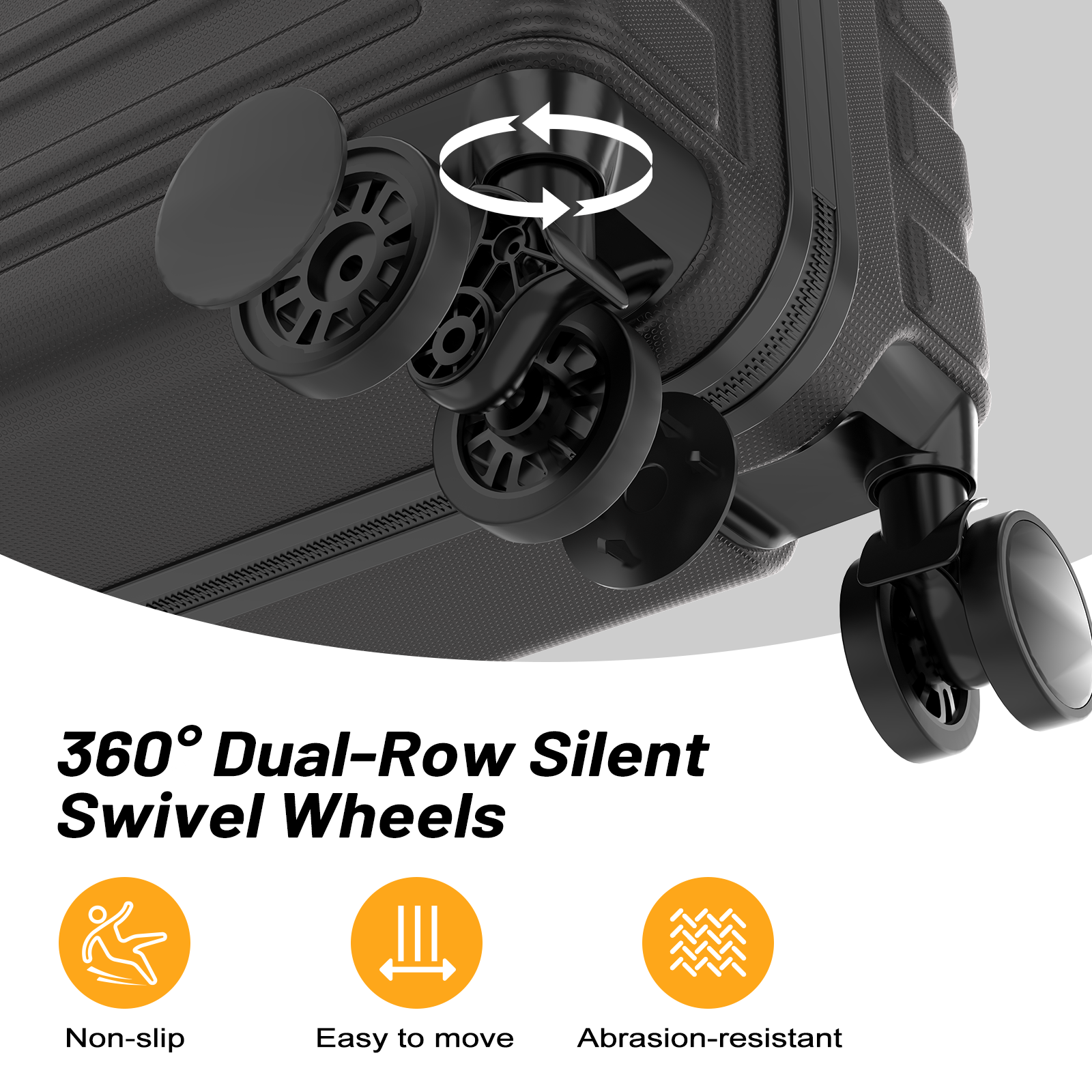 Black suitcase with 360 dual-row silent swivel wheels, non-slip, easy to move.