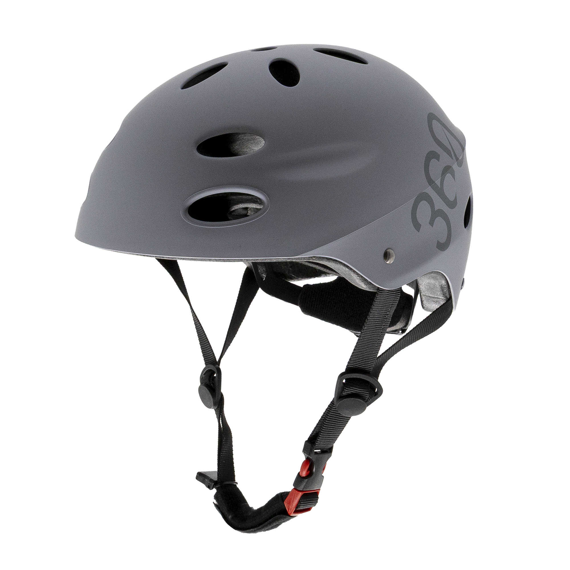 Casco gris con ventilaciones y correas. Logo "360" en el lateral.