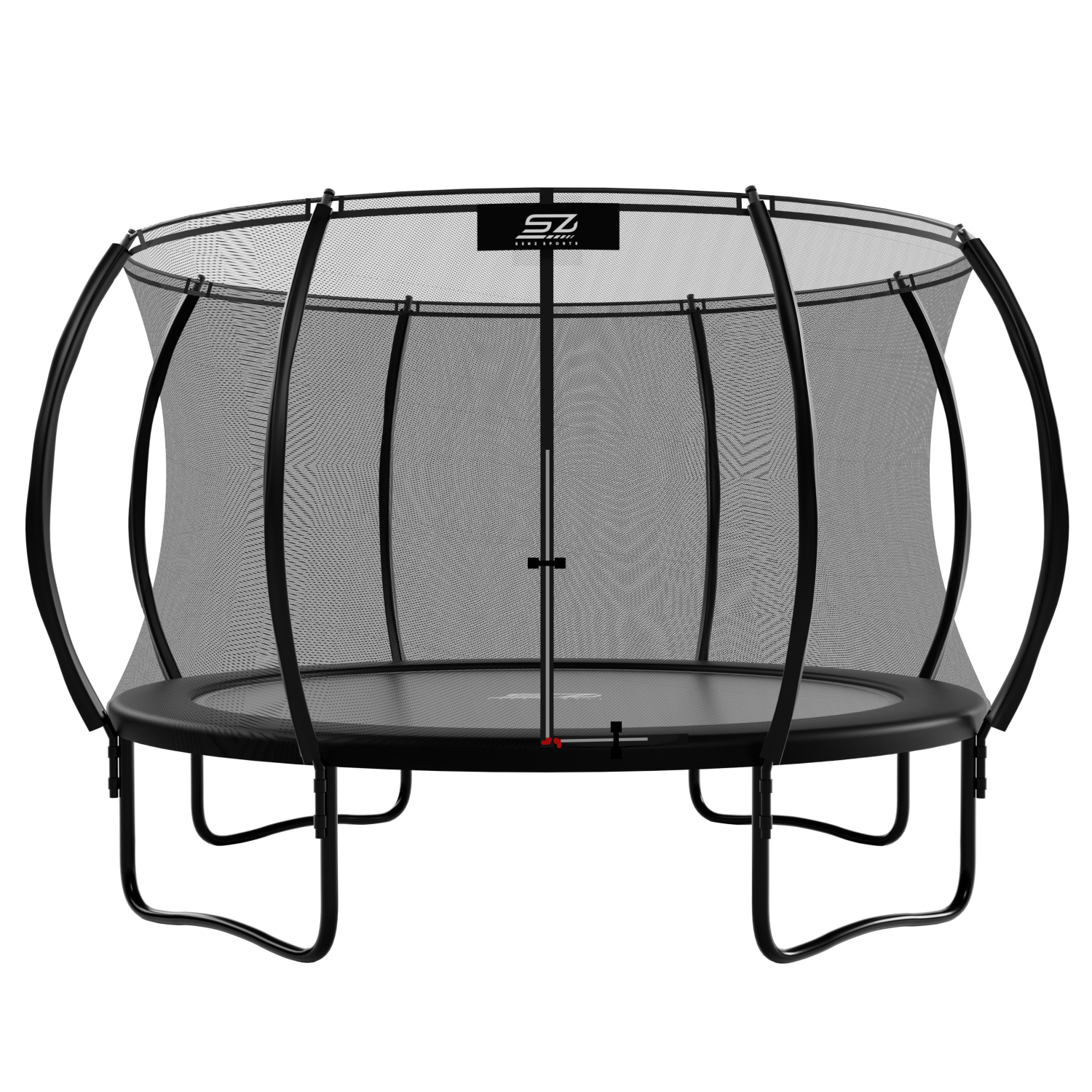 Een zwarte trampoline met veiligheidsnet.