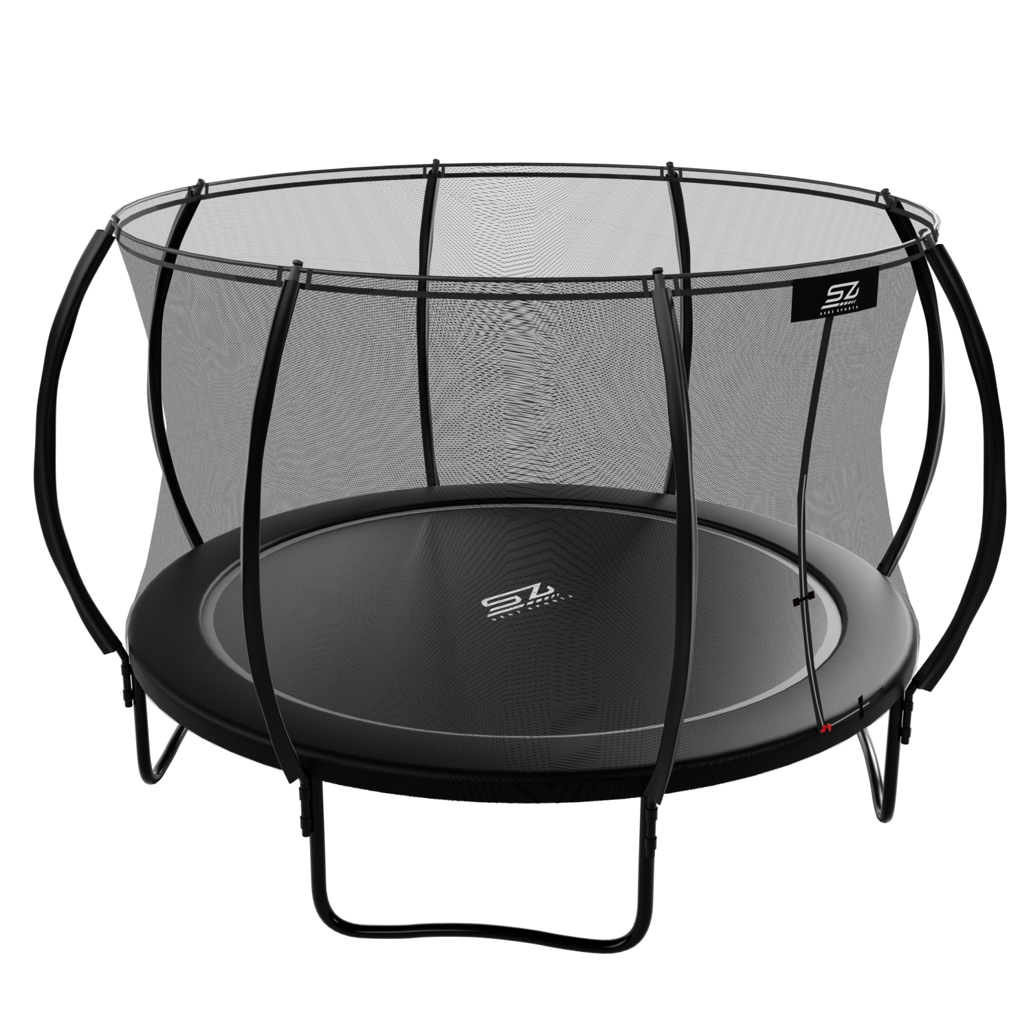 Een zwarte trampoline met veiligheidsnet, geïsoleerd op witte achtergrond.
