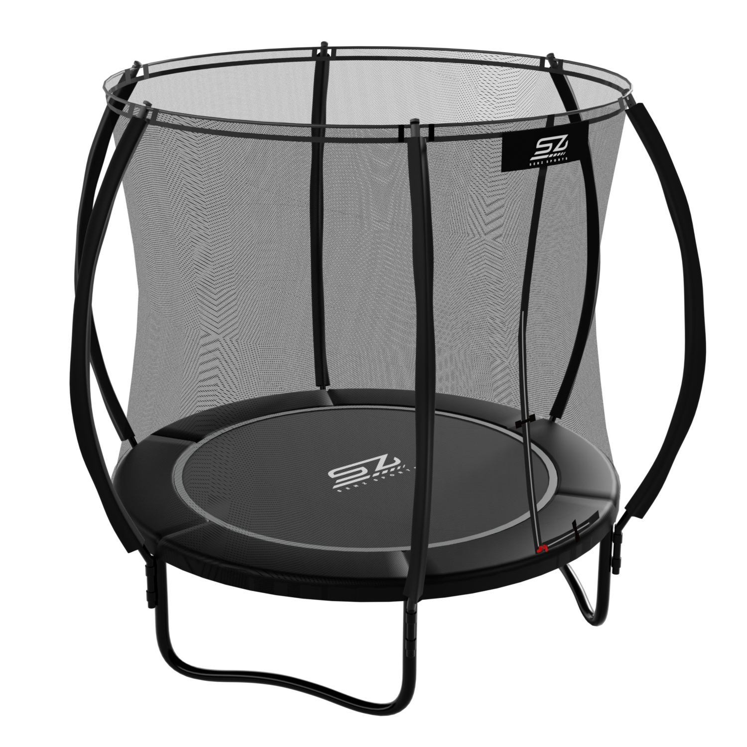 Zwarte trampoline met veiligheidsnet en zilveren logo op de mat.