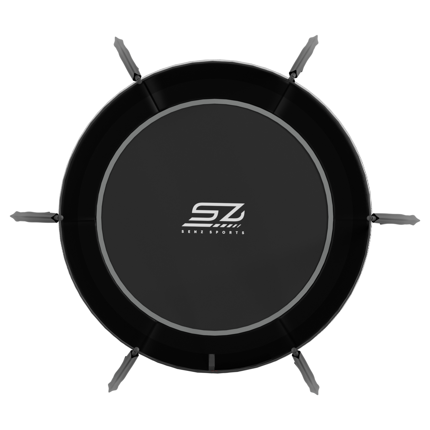 Een ronde zwarte trampoline mat met SZ Sports logo en metalen veren.