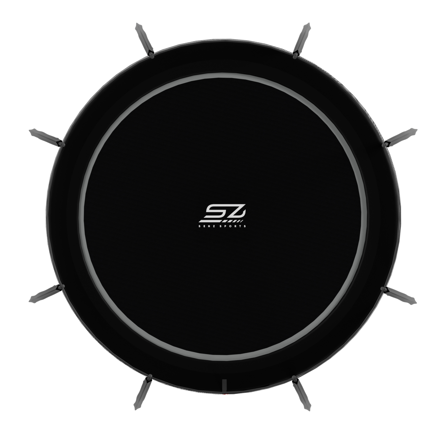 Zwart rond trampolineframe met zilveren accenten en veren.
