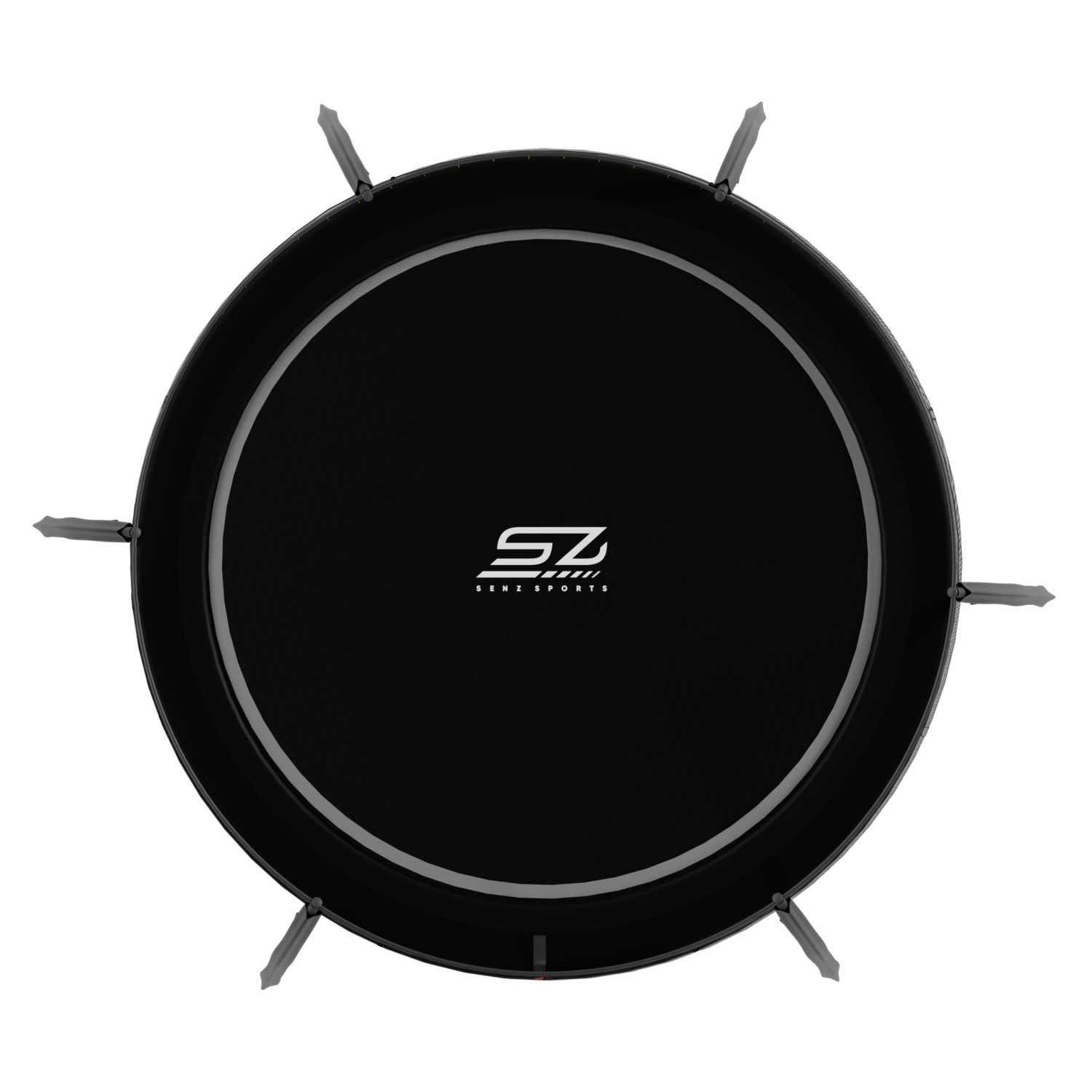 Zwarte ronde trampoline met SZ Sports logo en grijze steunen op witte achtergrond.