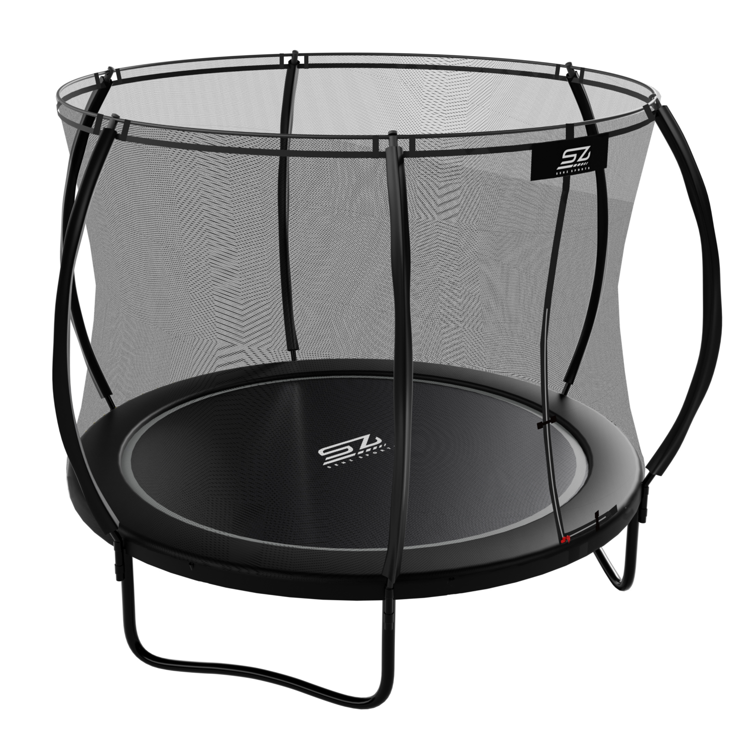 Een zwarte trampoline met veiligheidsnet en metalen frame, op witte achtergrond.