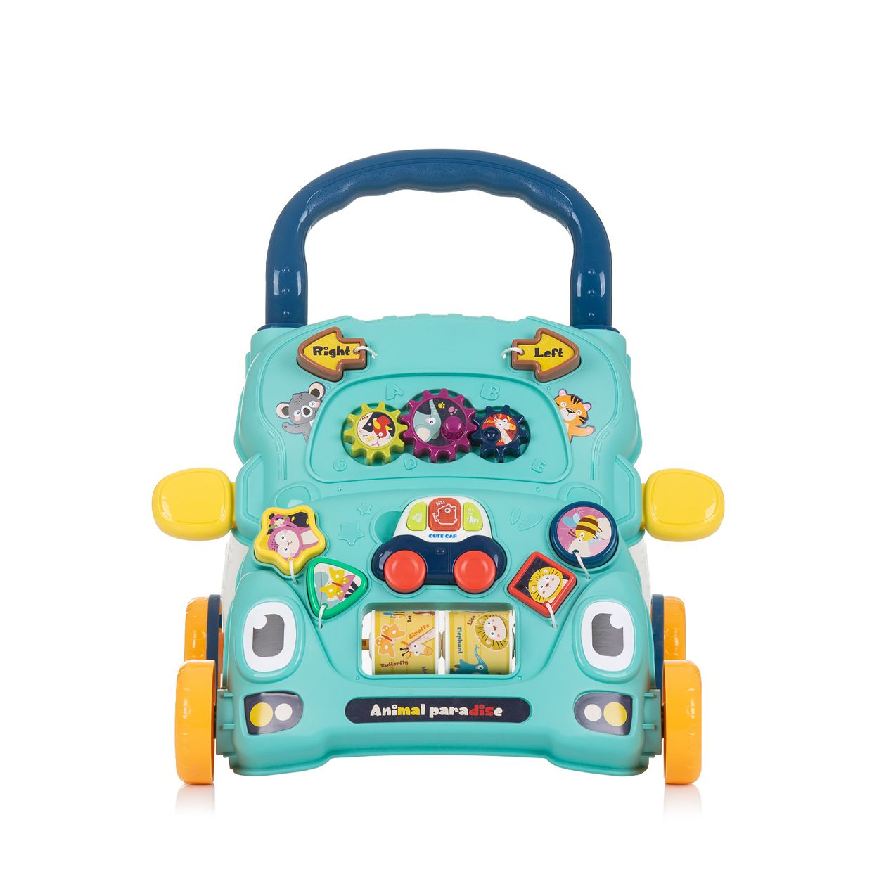 Ein türkiser Baby Walker in Autoform mit bunten Tiermotiven und Zahnrädern.