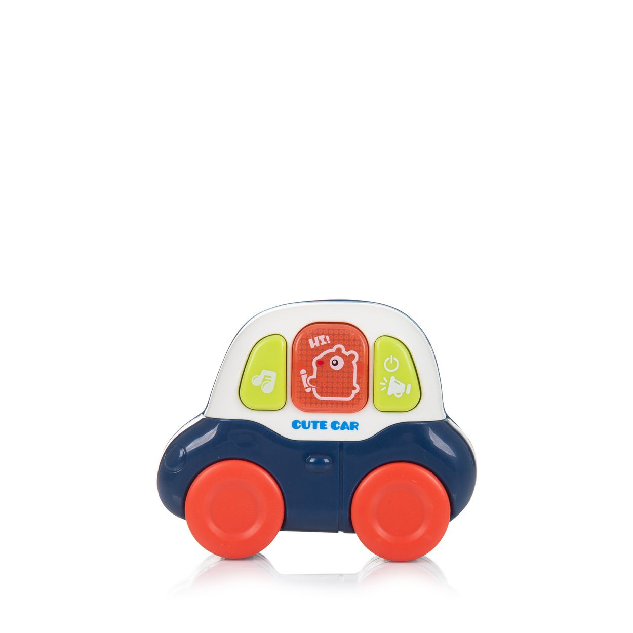 Ein blaues Spielzeugauto mit orangen Rädern und bunten Knöpfen. Text: CUTE CAR.