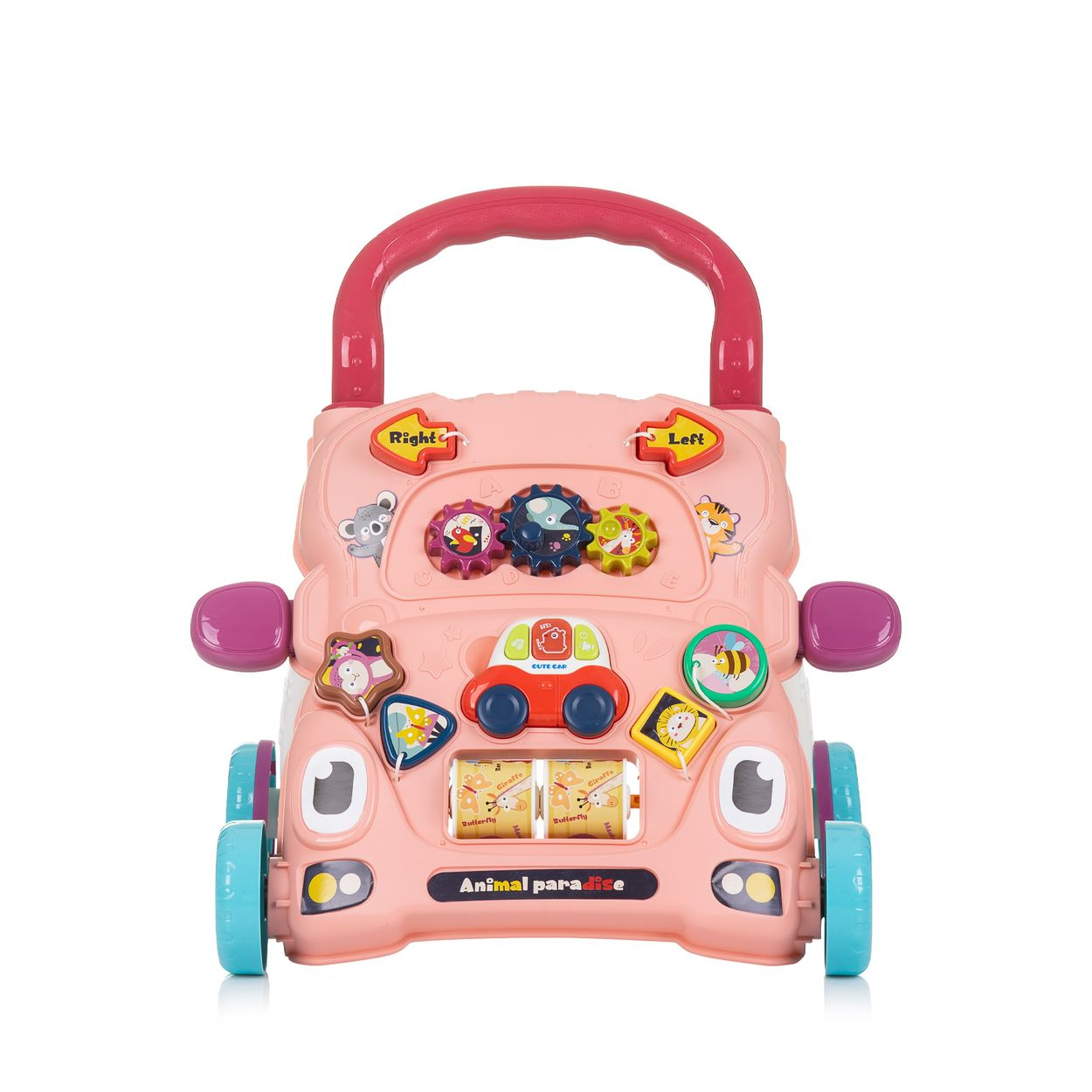 Ein rosafarbener Spielzeug-Gehwagen in Autoform mit Rädern, Knöpfen und Tierbildern.