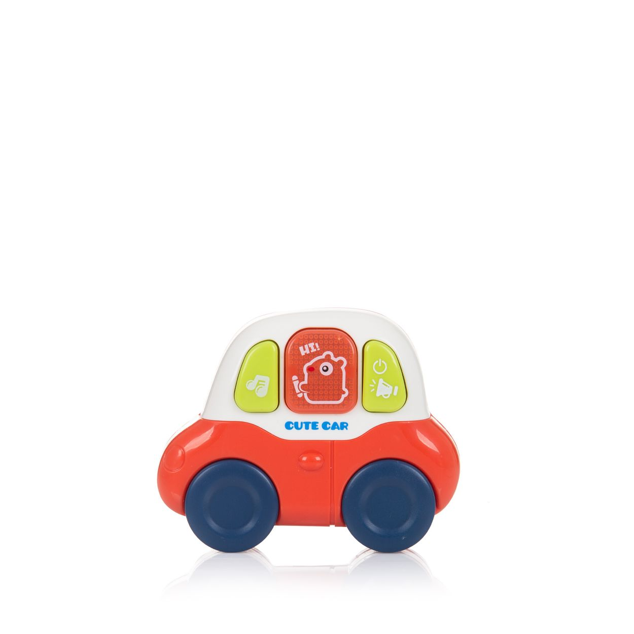 Ein kleiner, orangefarbener Spielzeugwagen mit blauen Rädern und weißem Dach. Er hat bunte Knöpfe.