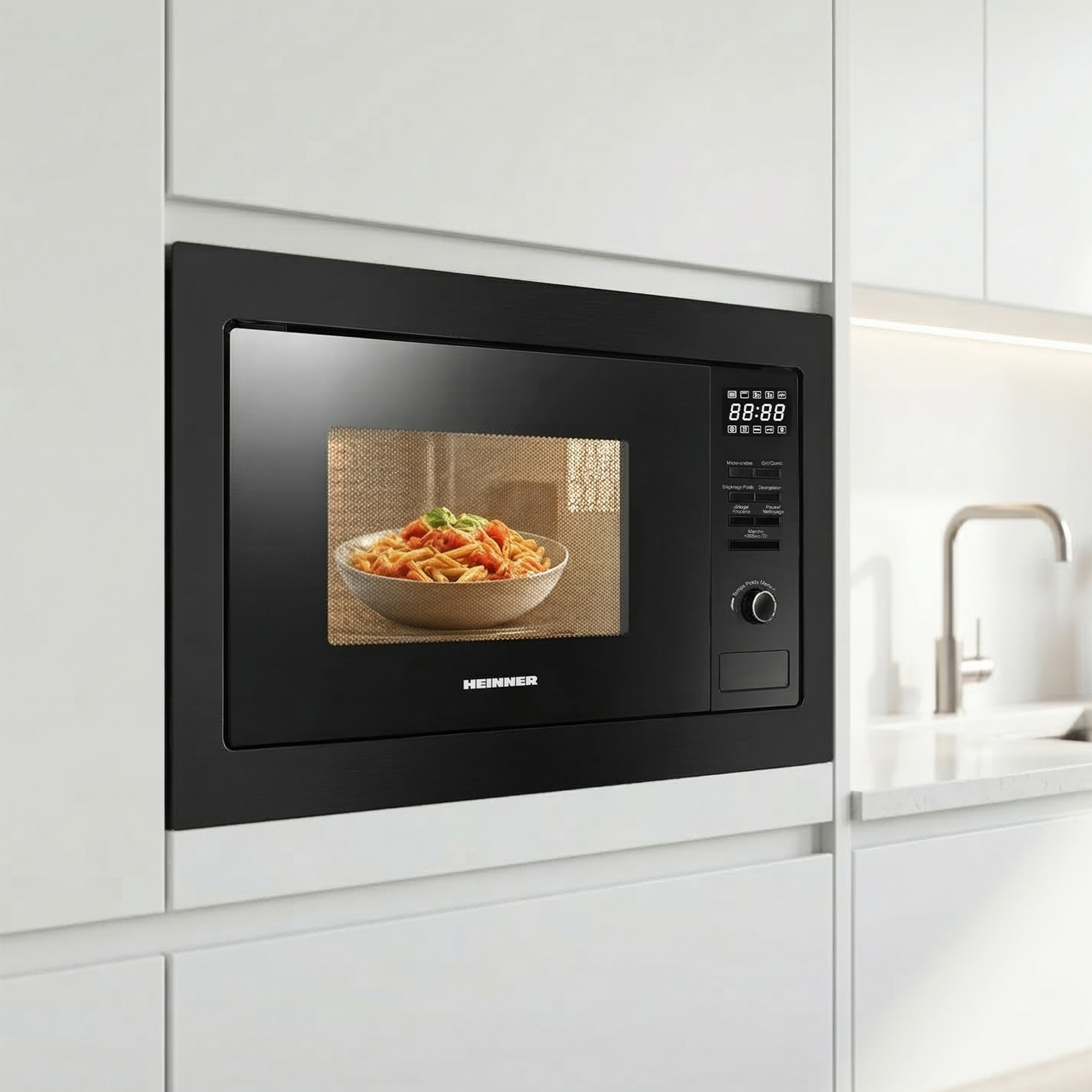 Eine schwarze Einbau-Mikrowelle mit einem Teller Pasta im Inneren.
