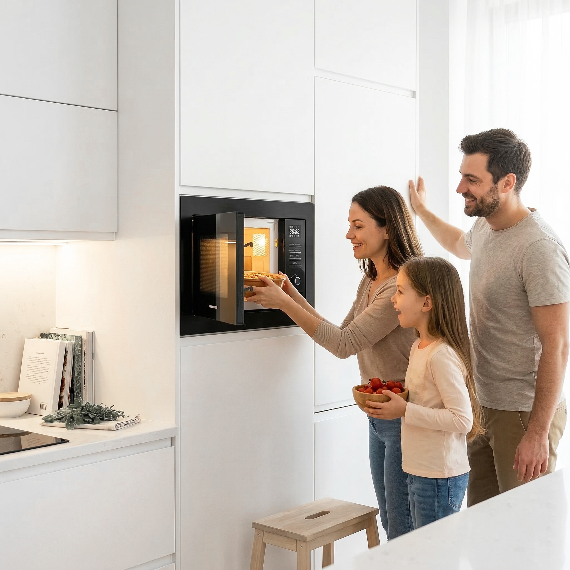 Eine Familie stellt eine Speise in eine Mikrowelle in einer modernen Küche.