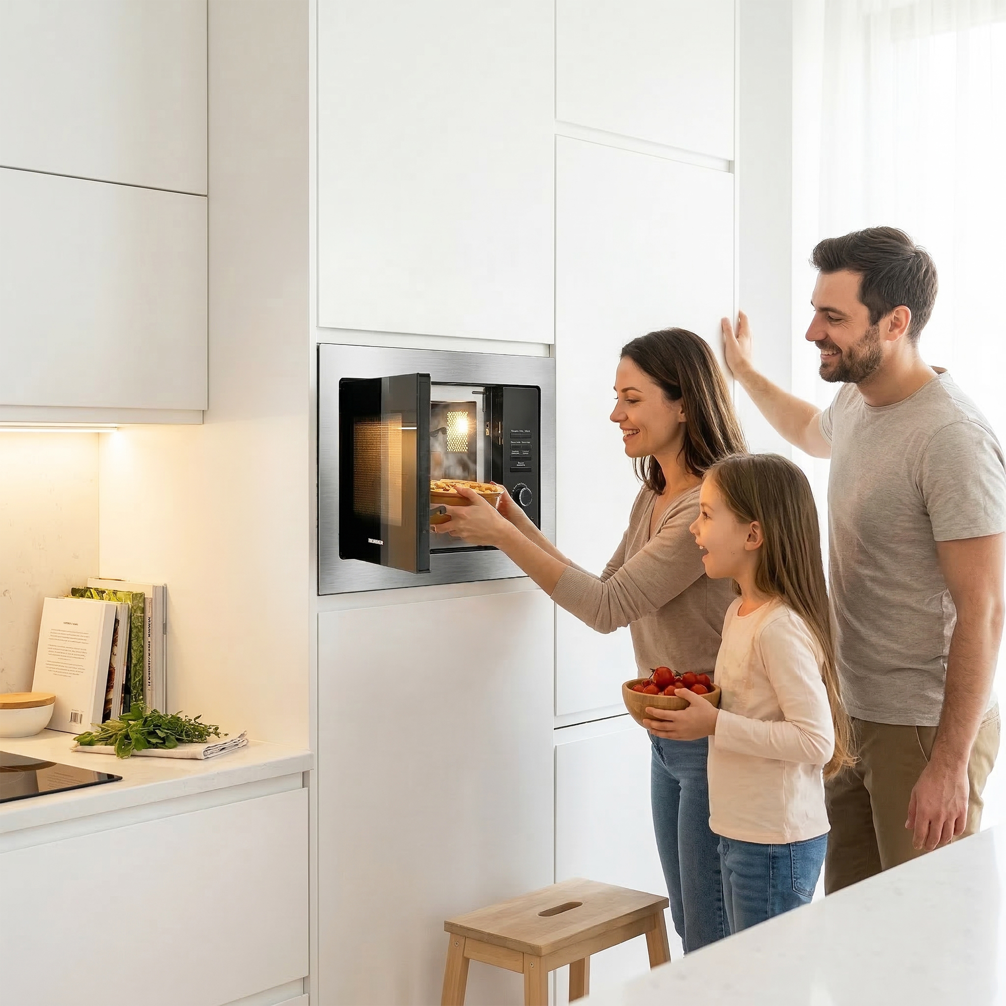Familie in der Küche, Frau gibt Auflauf in Mikrowelle, Kind hält Tomaten.
