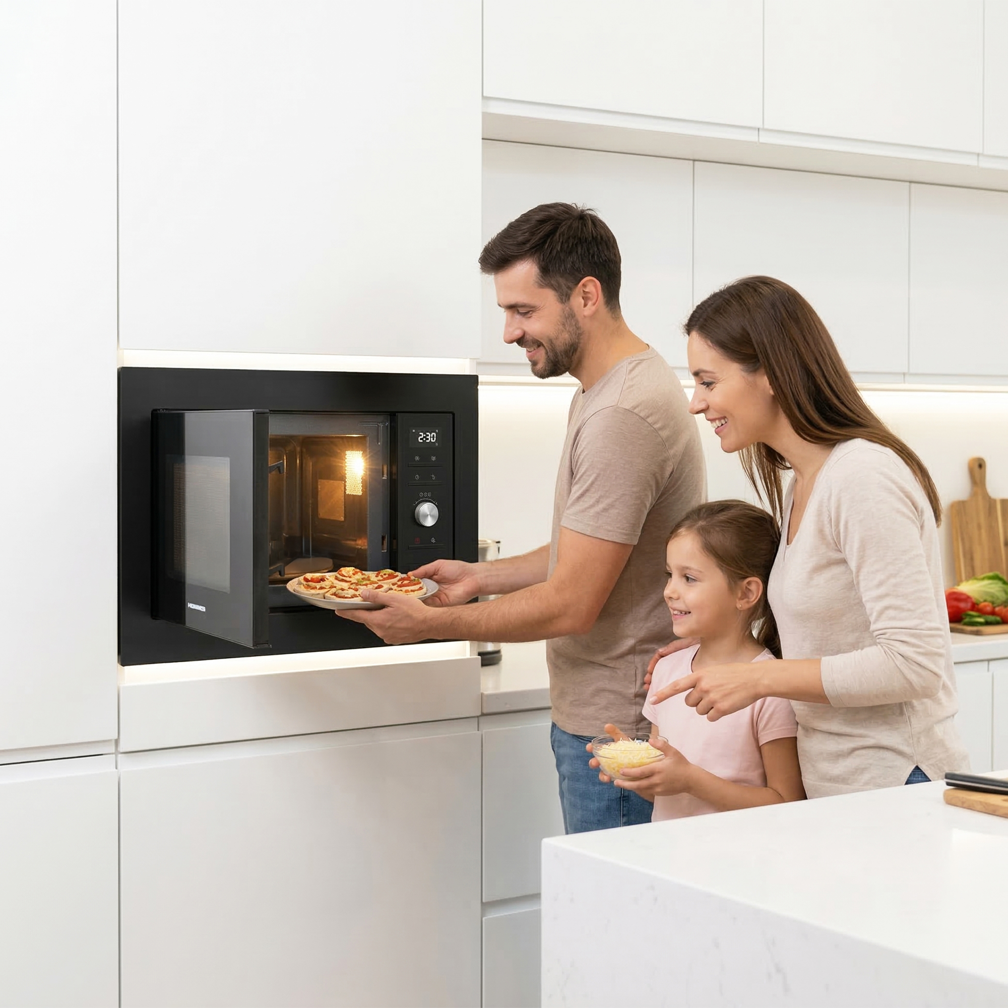 Familie in Küche bereitet Mini-Pizzen vor, Mikrowelle ist offen.