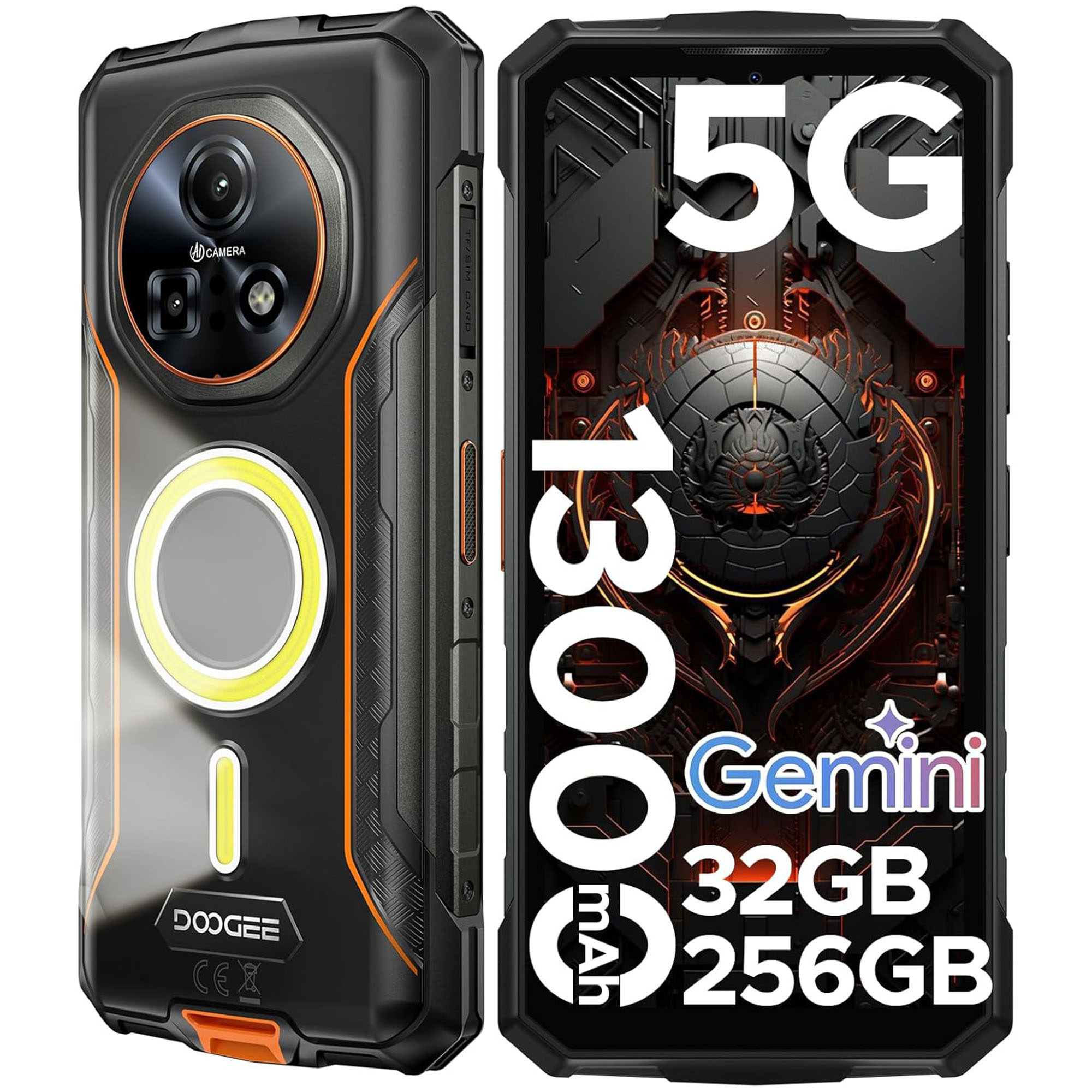 Robustes schwarzes Smartphone mit orangen Akzenten, 3 Kameras, 1300mAh Akku.